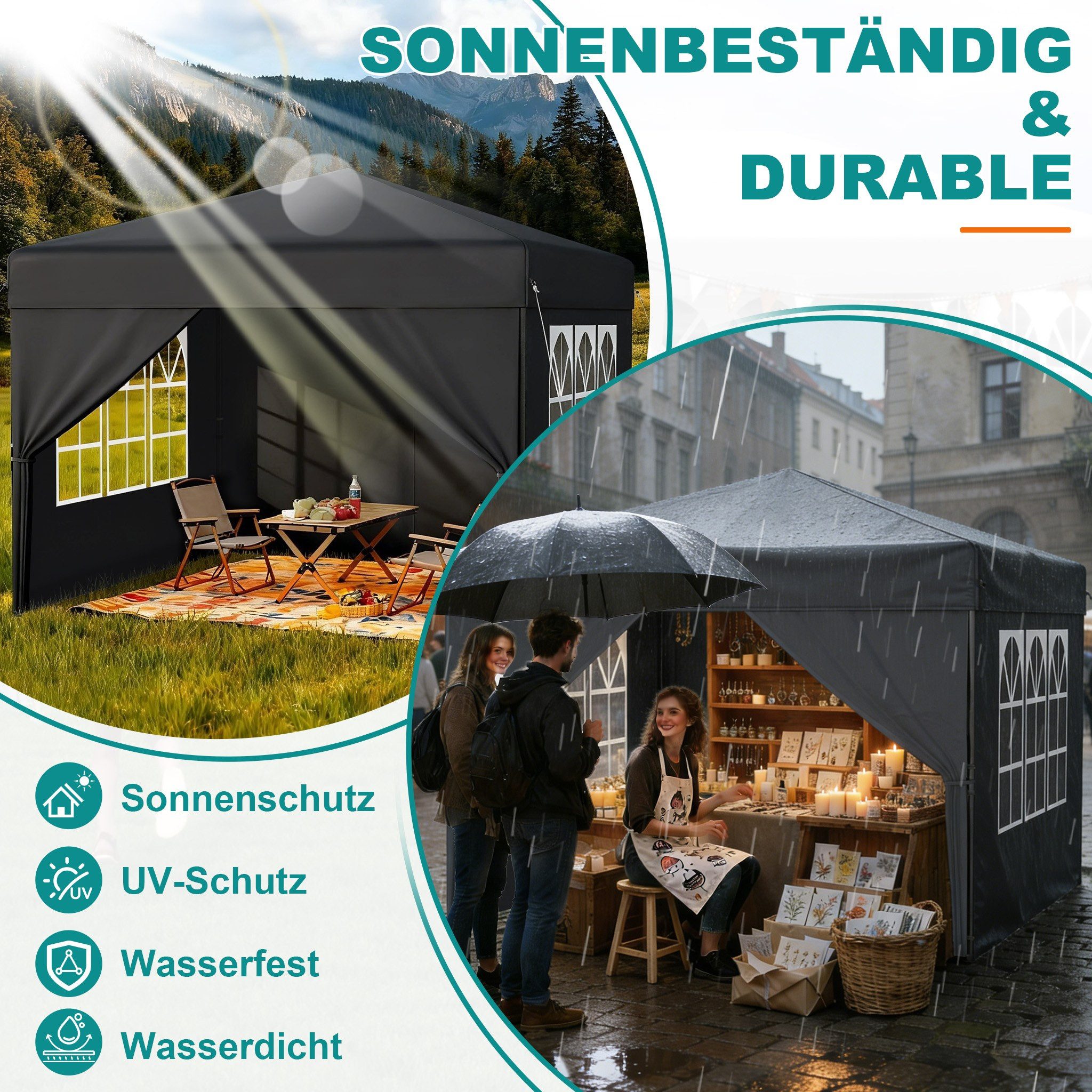 FIVMEN Partyzelt Pop Up Pavillon 2.5x2.5m Stabil Faltpavillon mit 4 Seitenwänden, Partyzelt Faltbar für Hochzeit Innenhof Höheverstellbar 240-260cm – Bild 4 von 5