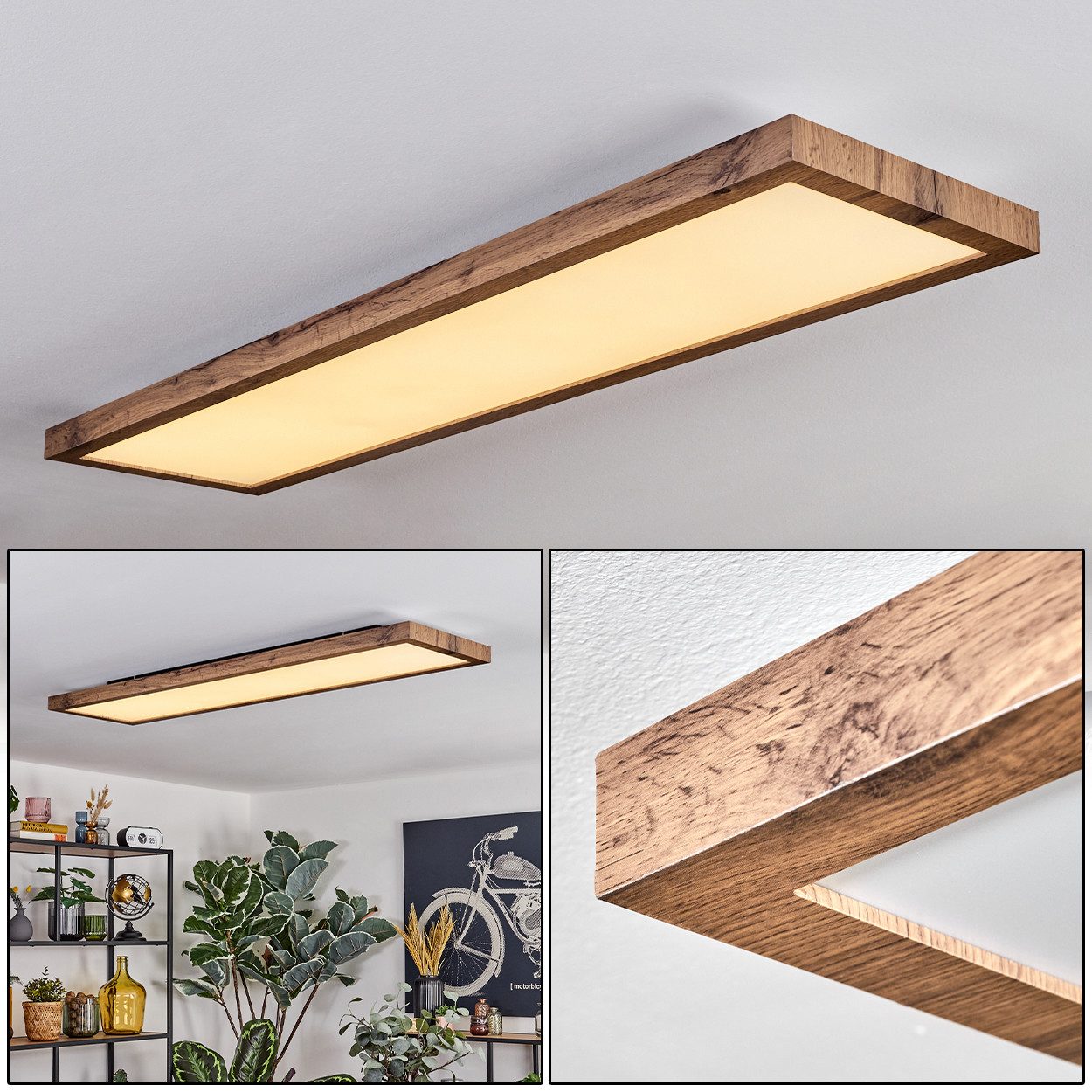 hofstein Deckenleuchte Deckenpanel aus Metall/Kunststoff/MDF in Schwarz/Holzoptik/Weiß, LED wechselbar, 3000 Kelvin, flache Leuchte, skandinavisches Design, 36 W, 2500 Lumen, 3000 Kelvin