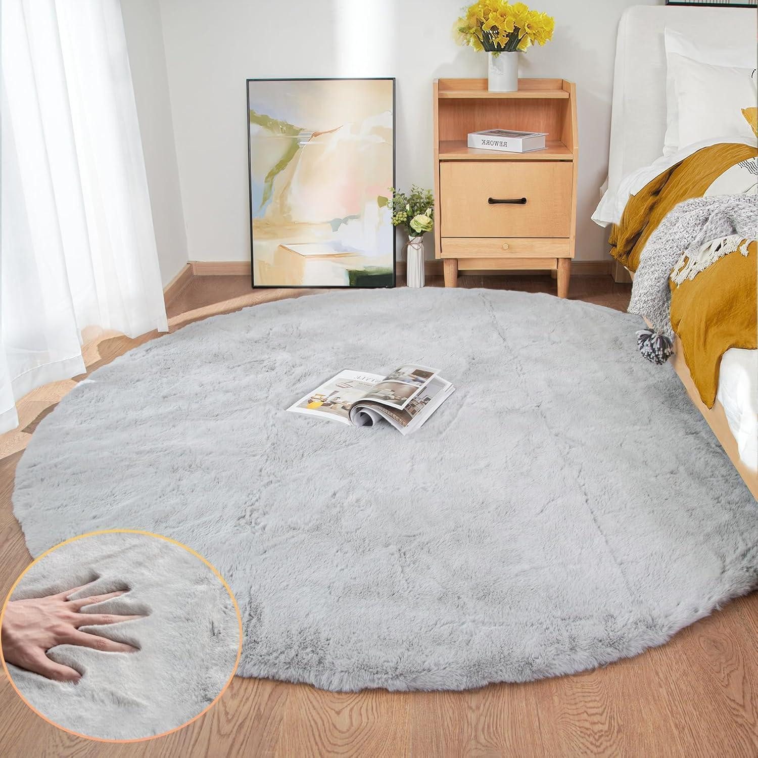 LuxusKollektion Fellteppich Teppich Rund Grau Waschbar Kunstfell Wohnzimmer 180 cm (Rund) Grau, rund, Höhe: 30 mm