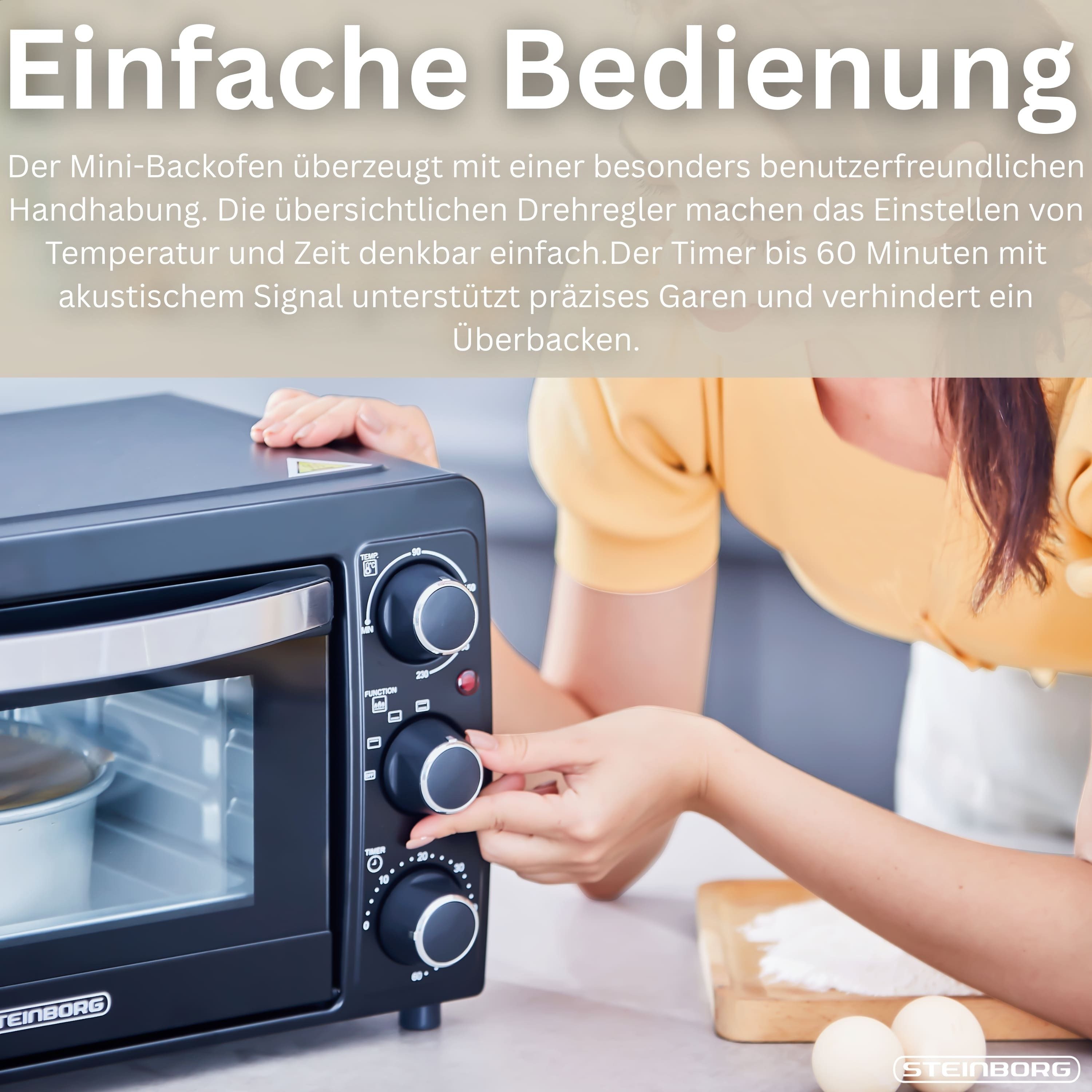 STEINBORG Minibackofen SB-3015, 15 Liter, mit Krümelblech, 1300 Watt