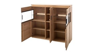 Massivart® Highboard BARCELONA 150 cm Breite / Massivholz Balkeneiche teilmassiv geölt, 2 Türen mit Glaseinsatz / 9 Einlegeböden / LED-Beleuchtung