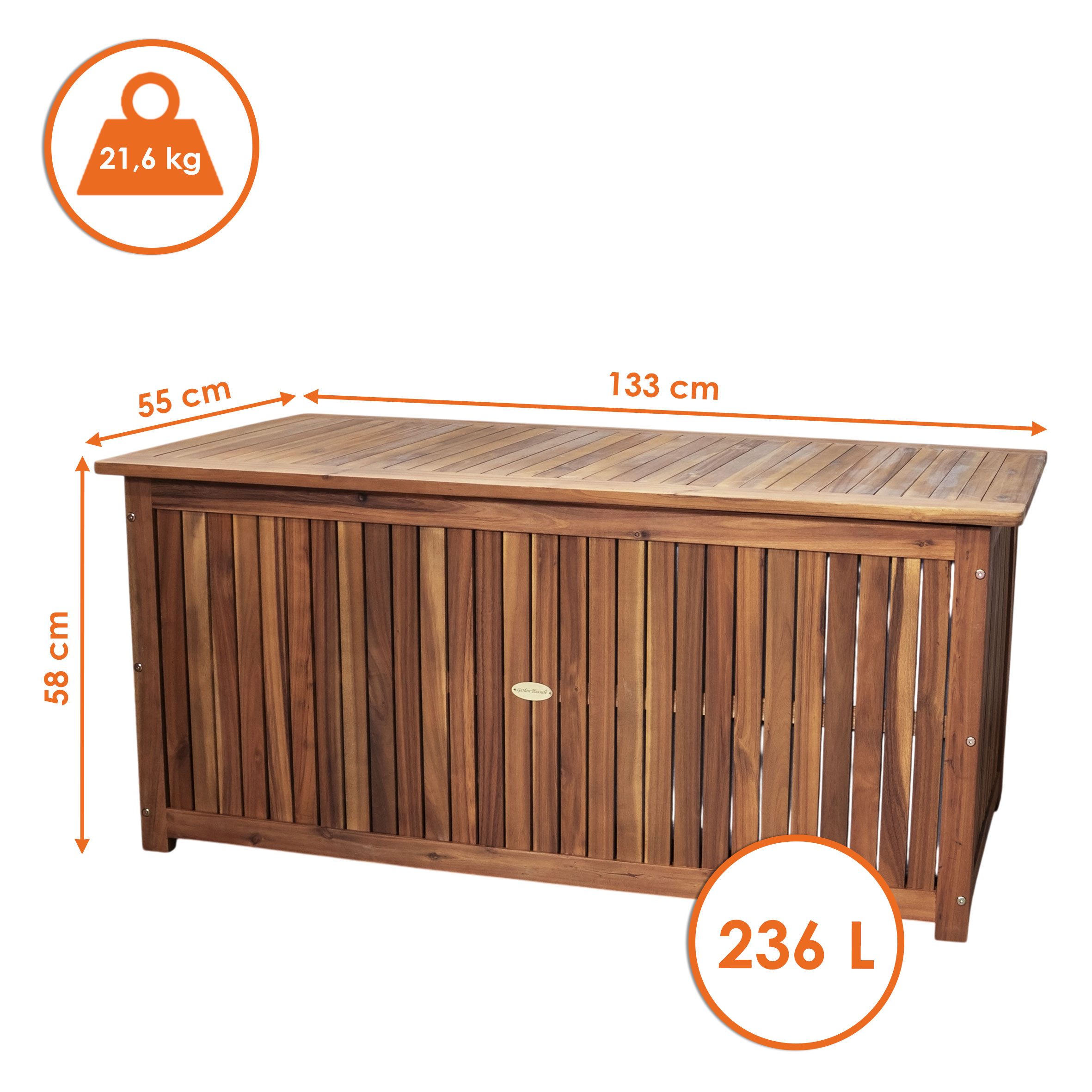 Spetebo Auflagenbox Akazien Holz WASHINGTON - 133 x 58 cm (Pack., 1 St., 1), Kissenbox mit Folien-Innentasche für gängige Gartenstuhl-Auflagen