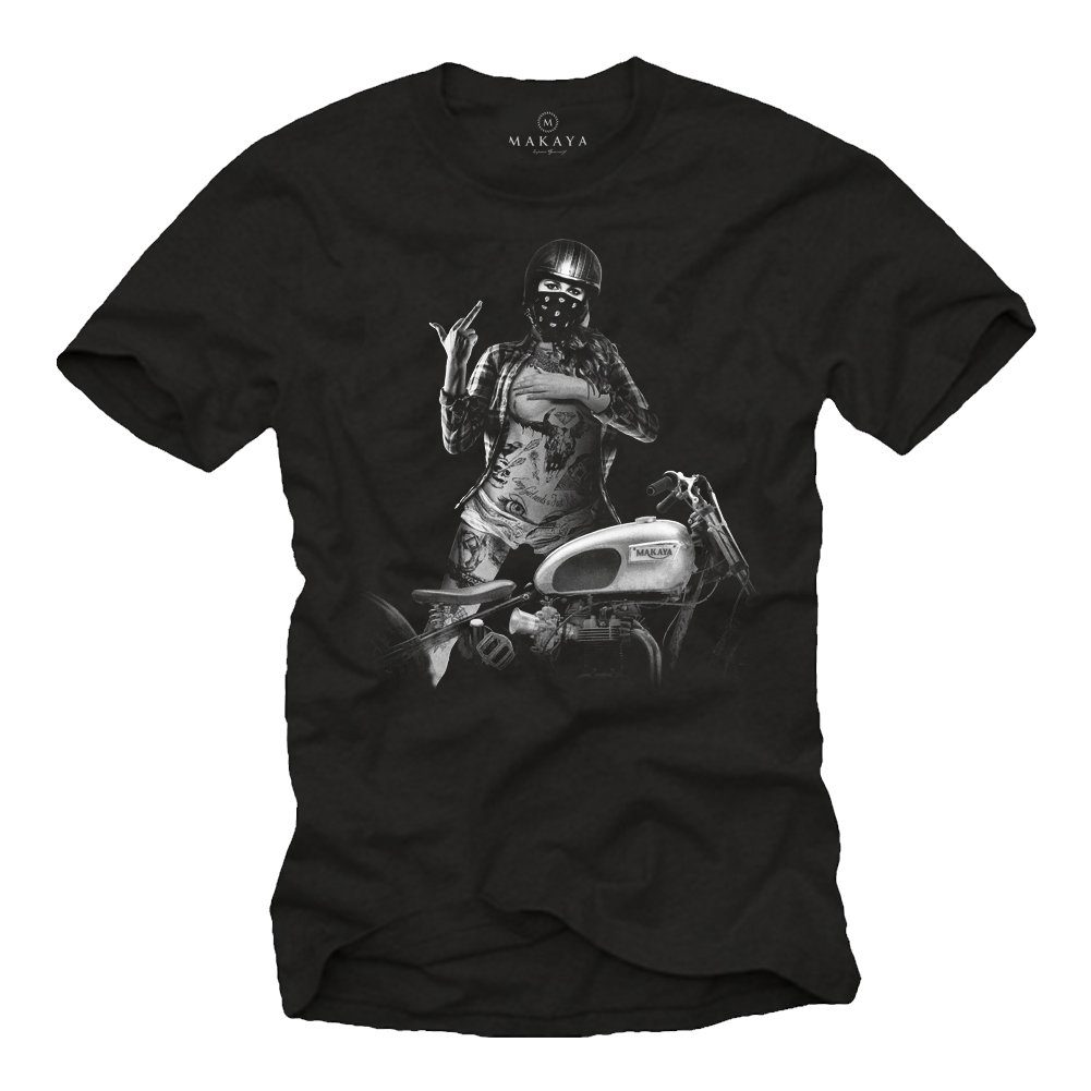 MAKAYA Print-Shirt Druck, mit Schwarz Geschenke Biker Bekleidung Vintage Baumwolle Männer Motorrad Herren Motiv aus