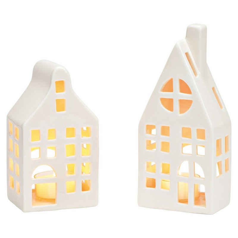 matches21 HOME & HOBBY Kerzenhalter Windlichter weiß aus Porzellan 2-fach 7x13x6 cm & 7x17x5 cm