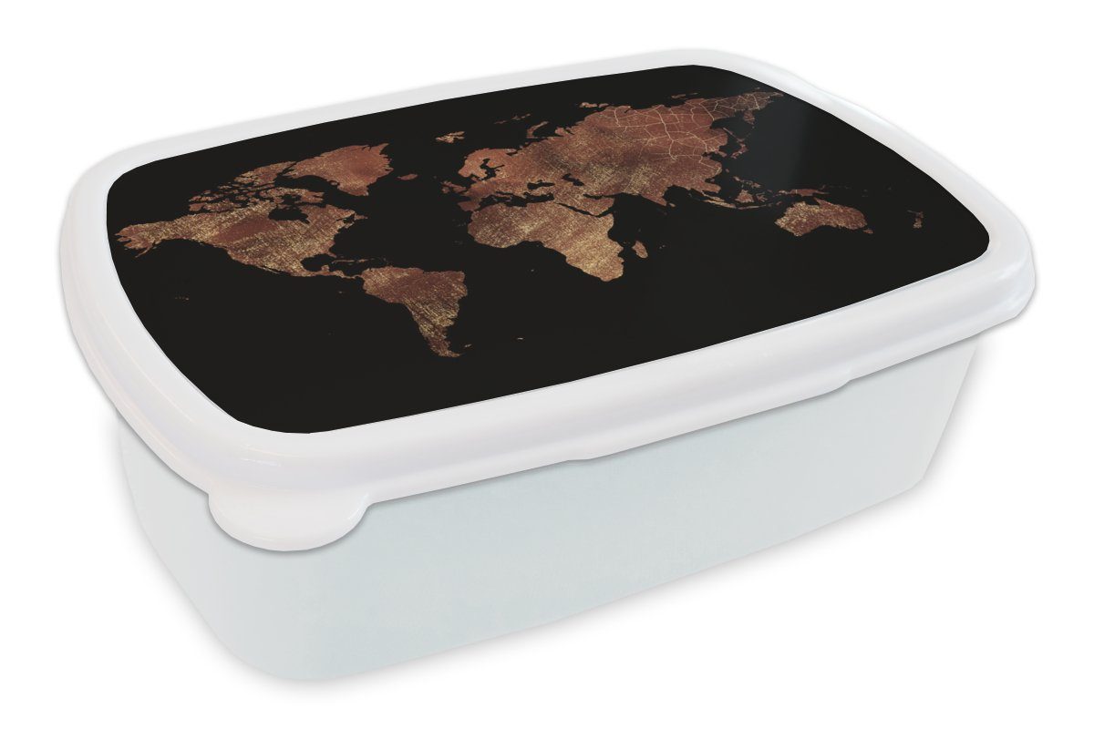 MuchoWow Lunchbox Weltkarte - Rot - Gold, Kunststoff, (2-tlg), Brotbox für Kinder und Erwachsene, Brotdose, für Jungs und Mädchen weiß