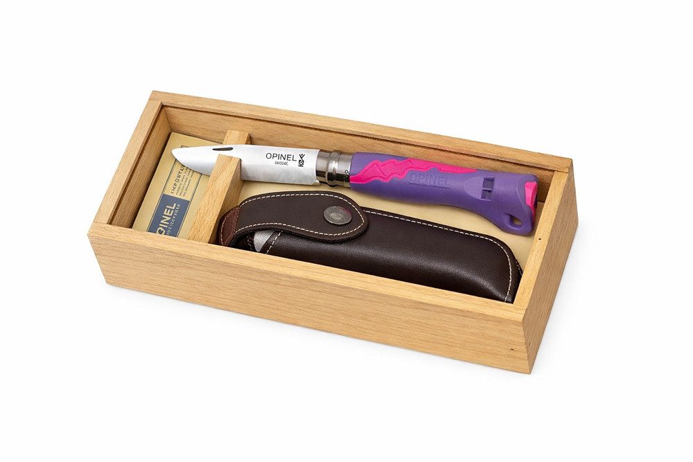 Opinel Taschenmesser Opinel Kindermesser OUTDOOR JUNIOR violett + Geschenk-Holzbox, (Kinder-Schnitzmesser in schöner Holz-Geschenkbox)