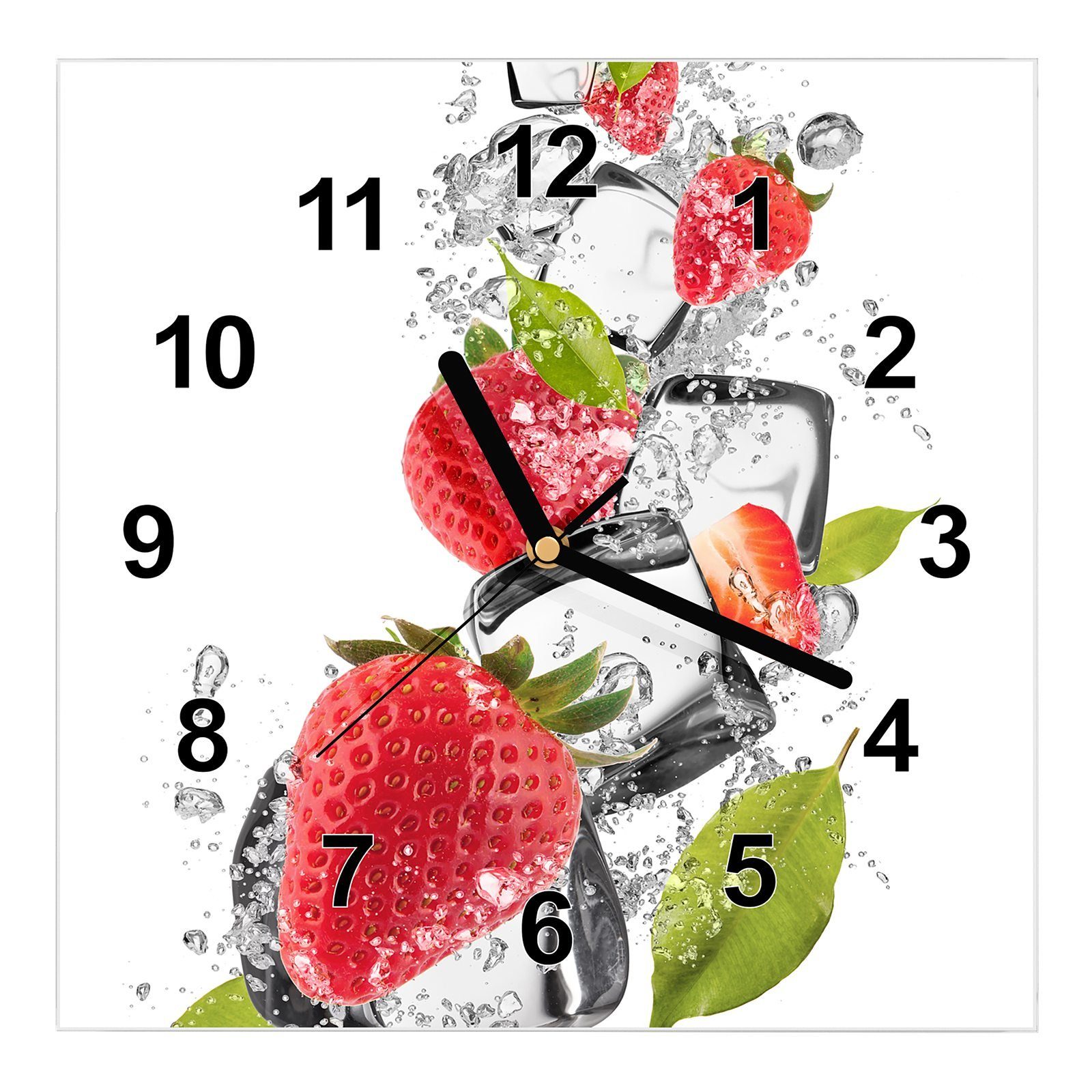 Primedeco Wanduhr Glasuhr Wanduhr Wandkunst Größe 30 x 30 cm mit Motiv Erdbeeren und Eiswürfel