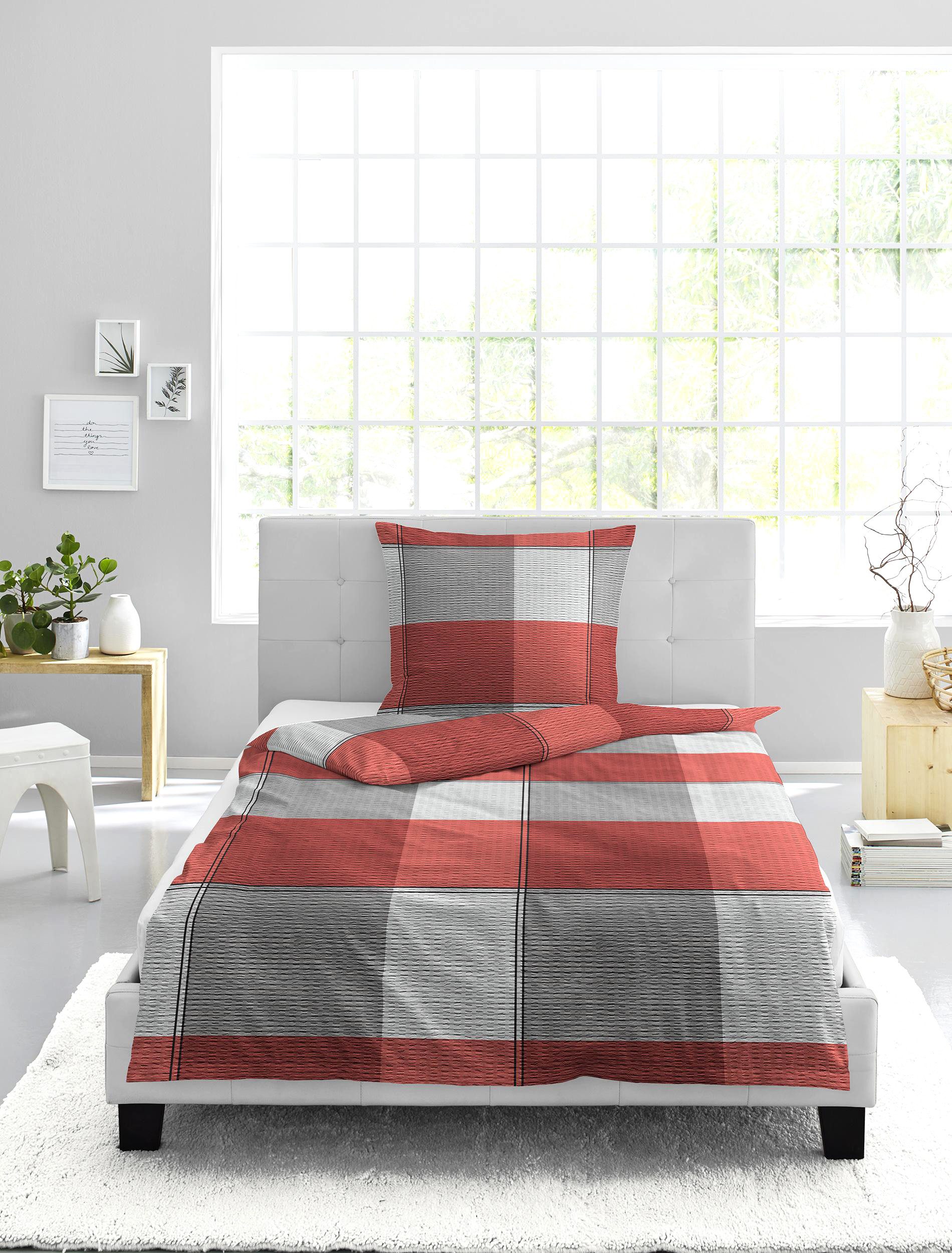 BIERBAUM Bettwäsche Bierbaum Seersucker Bettwäsche Baumwolle Rot, Seersucker, 2 teilig, luftig, leichter karierter Seersucker