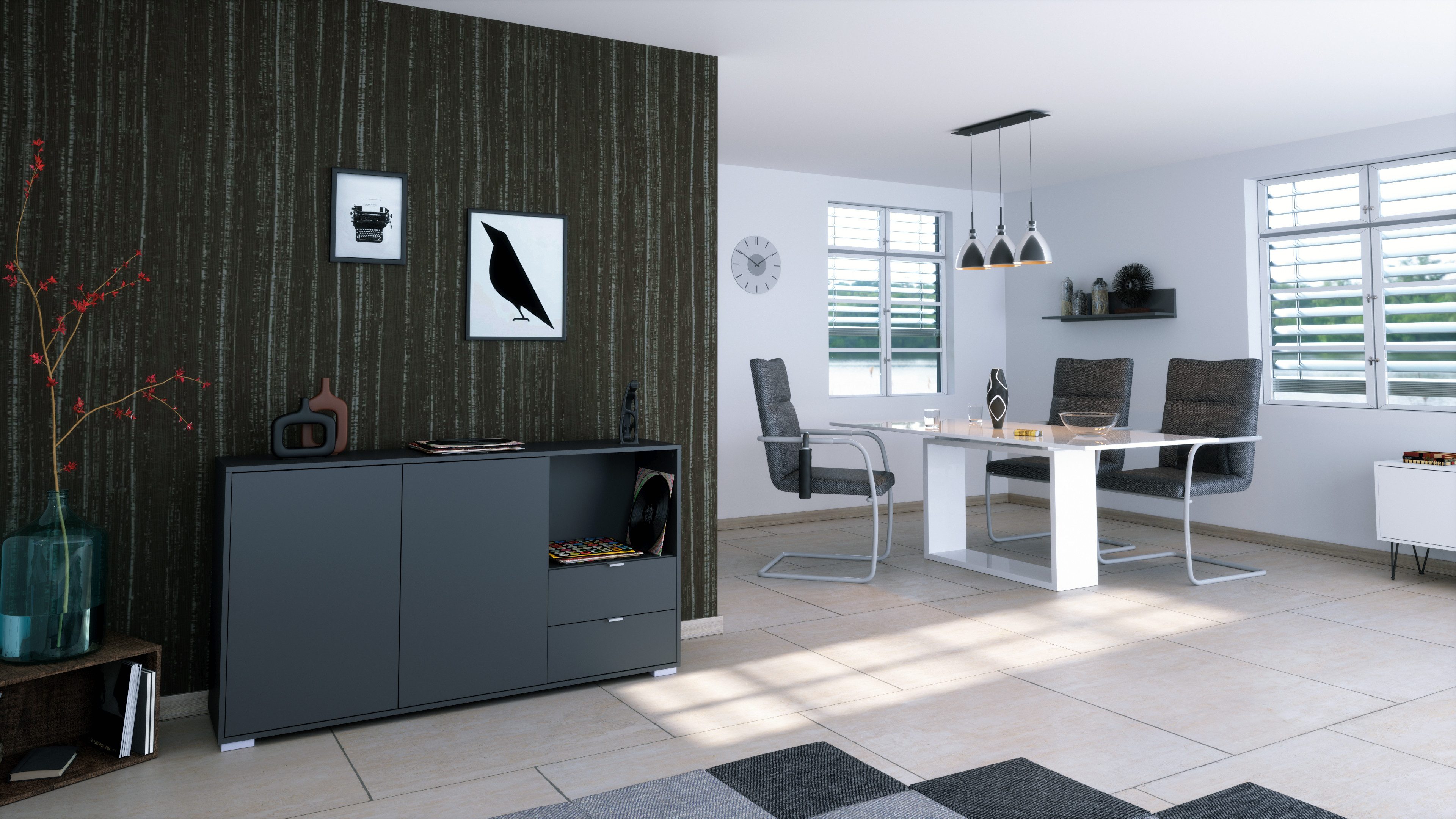 Vladon Sideboard Milano (Kommode mit 2 Türen Anthrazit matt, 2 Schubladen Anthrazit matt, Made in Germany), Korpus Anthrazit matt (152,5 x 83 x 37 cm)