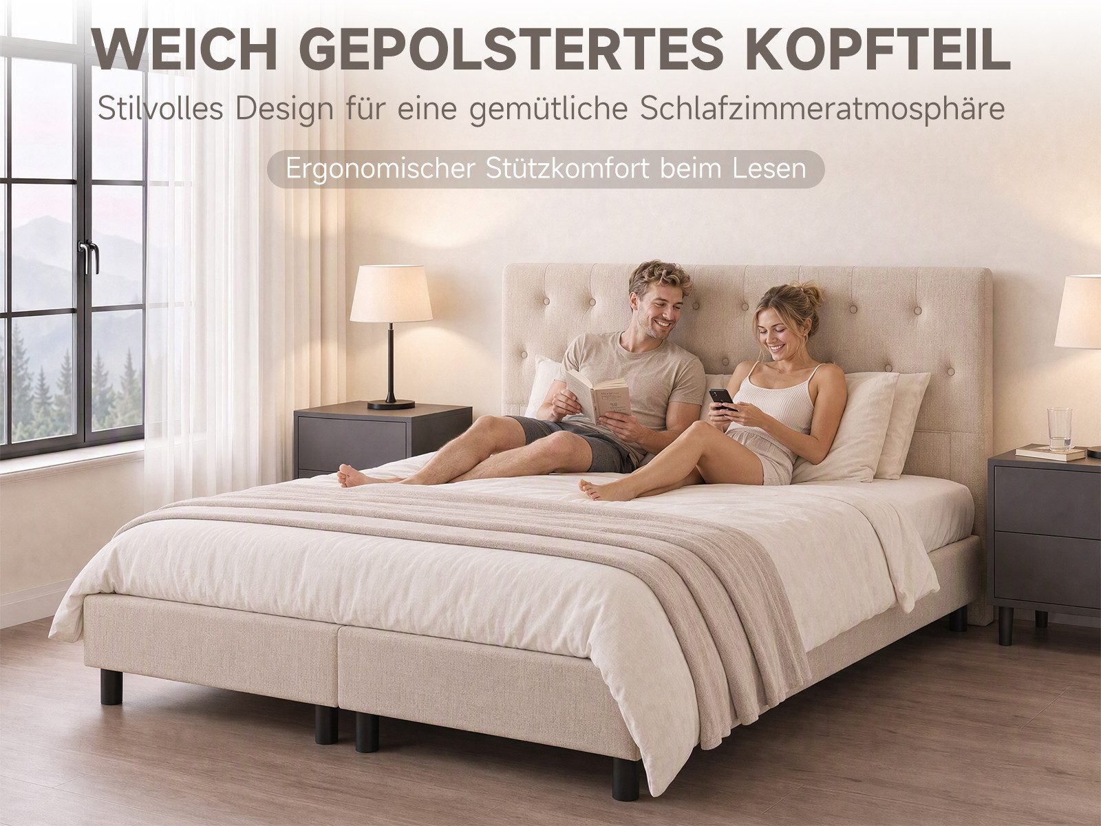 V6 Boxspringbett 211 Polsterbett bis 200x200 cm, Gestepptes Kopfteil, Ohne Matratze – Bild 3 von 5