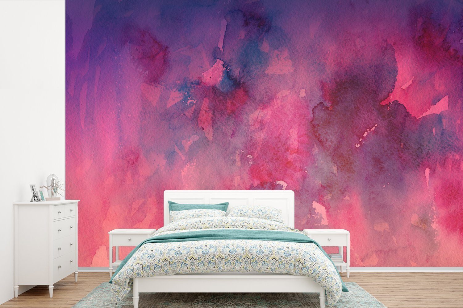 MuchoWow Fototapete Aquarell - Rosa - Rot, Matt, bedruckt, (6 St), Wallpaper für Wohnzimmer, Schlafzimmer, Kinderzimmer, Vinyl Tapete