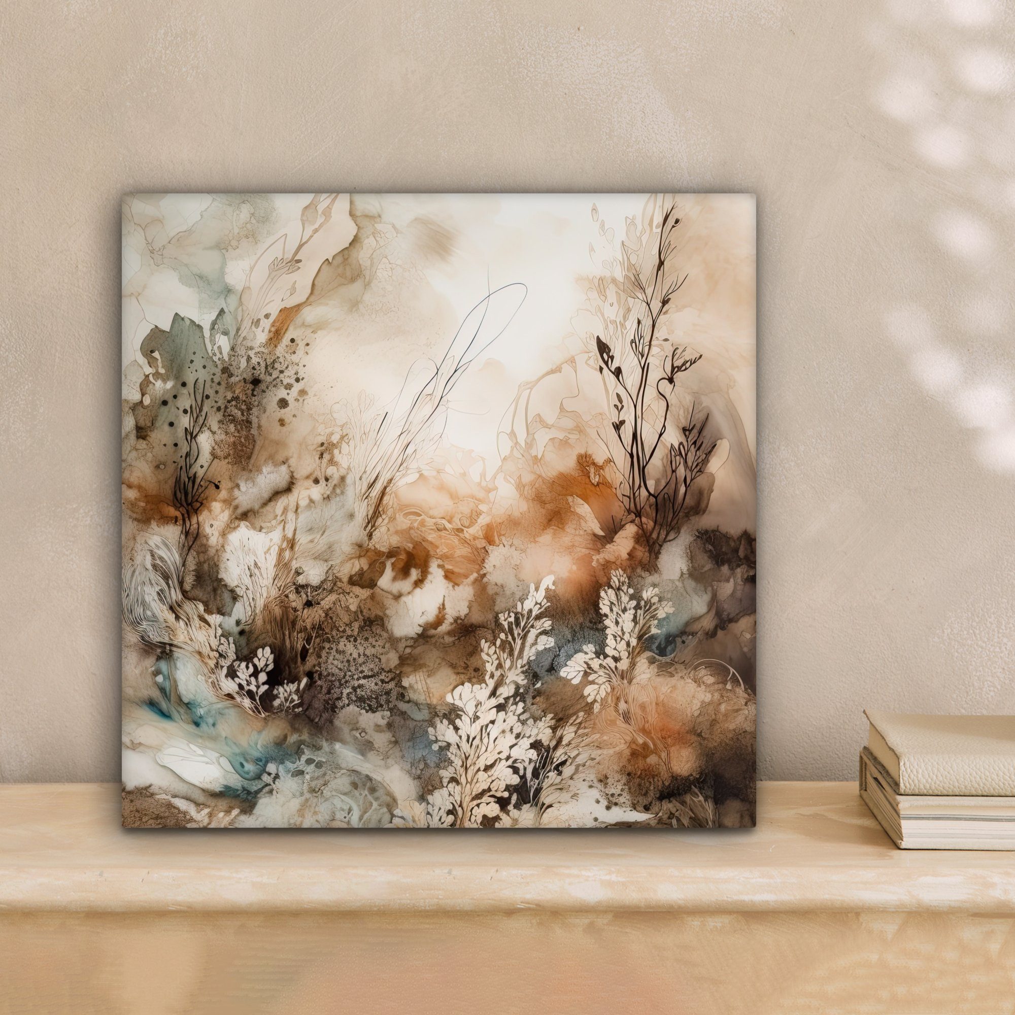 Natur Schlafzimmer, - cm Beige Farbe 20x20 Bilder - - (1 - Kunst OneMillionCanvasses® Blumen, für Leinwand - Leinwandbild St), Wohnzimmer Abstrakt