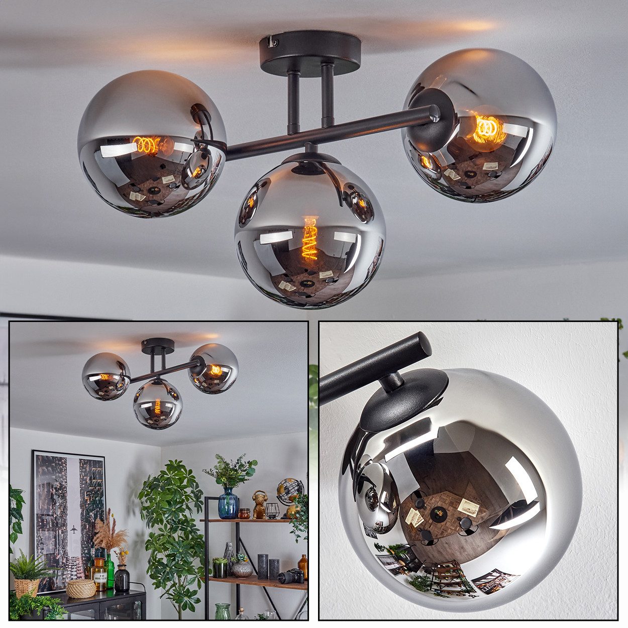 hofstein Deckenleuchte Deckenlampe aus Metall/Glas in Schwarz/Chrom-/Rauchf günstig online kaufen