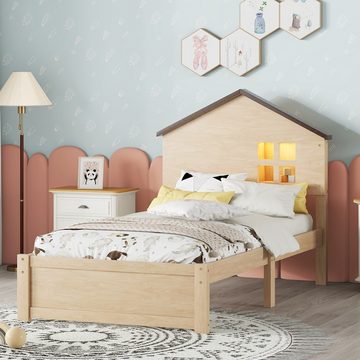 DOPWii Jugendbett 90*200 cm Hausförmiges Kinderbett,Flaches Bett,Massivholz,Nachtlicht, Kleine Fensterdekoration,Natur/Weiß