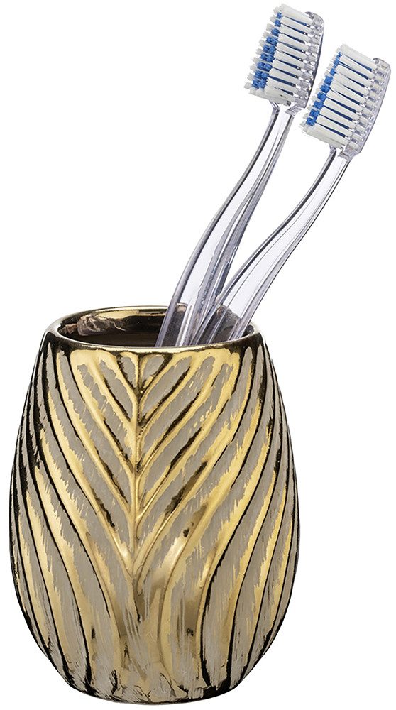 WENKO Badaccessoire-Set Modell Idro Gold, Seifenspender und Zahnputzbecher aus Keramik mit Linien-Struktur
