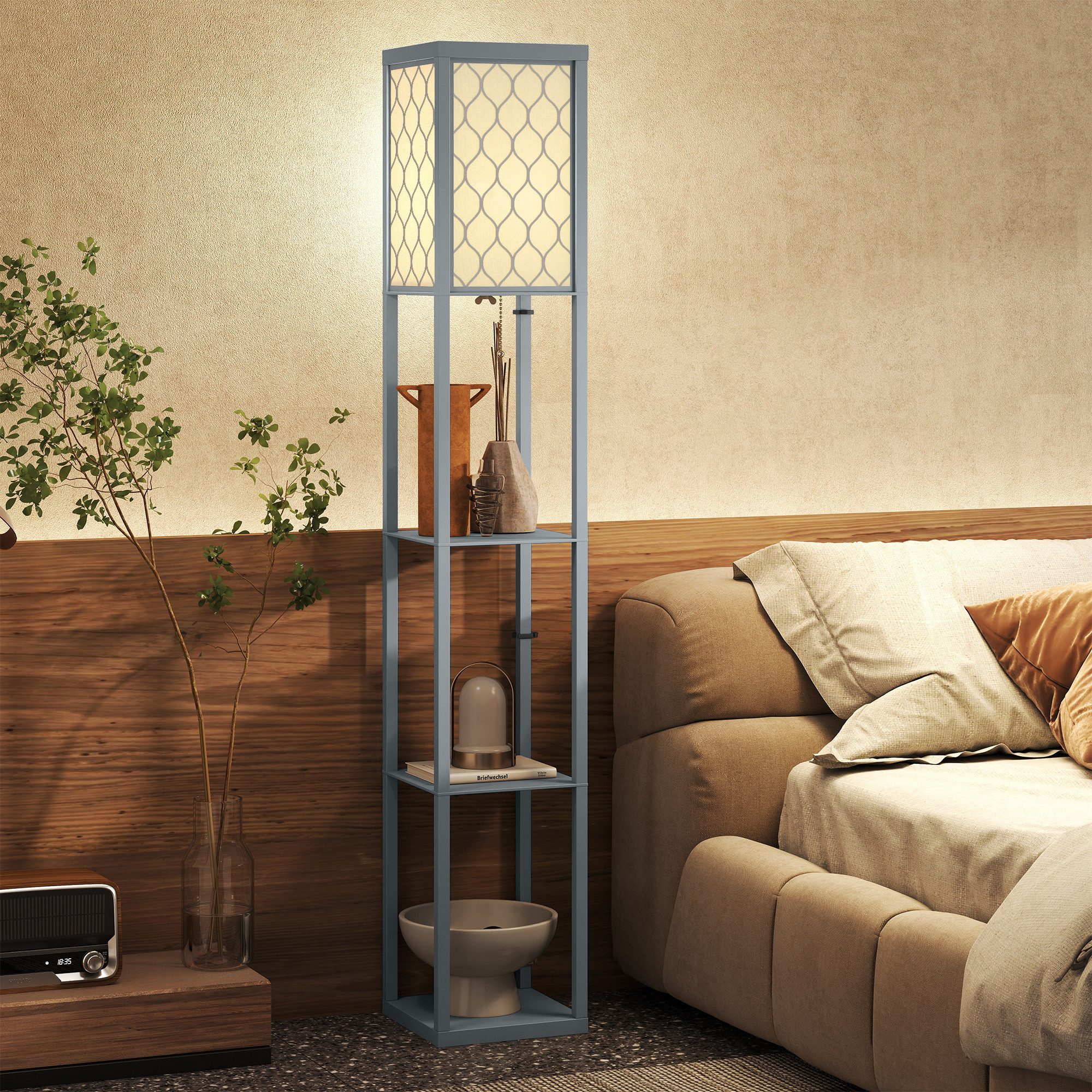 HOMCOM Stehlampe mit Regal, Ein-,Ausschalter, ohne Leuchtmittel, Warmweiß, 3 Fächer Stauraum, Hellgrau