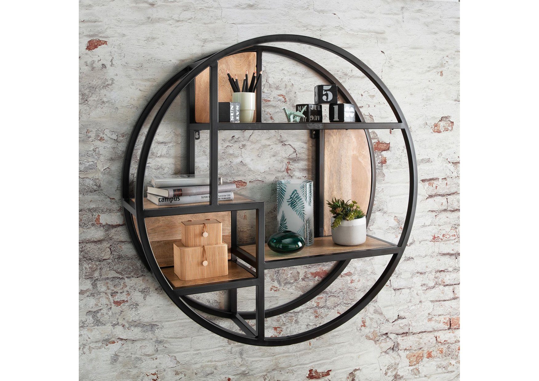 More2Home Wandregal CIRCLE, rund ca. 90 cm, Mangoholz natur, Eisen schwarz