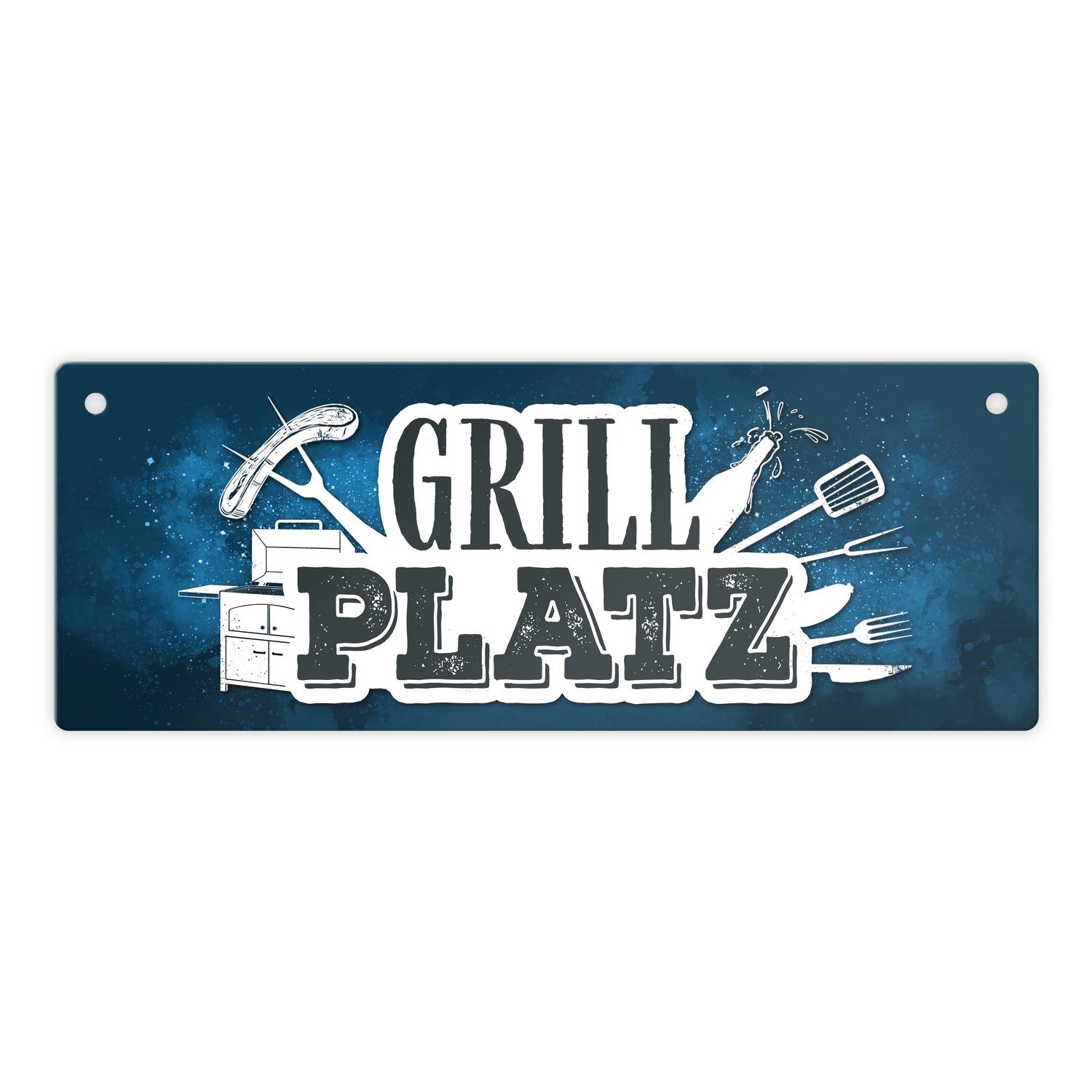 Metallschild Grillplatz Metallschild in blau Fleisch Wurst grillen Grill Bier