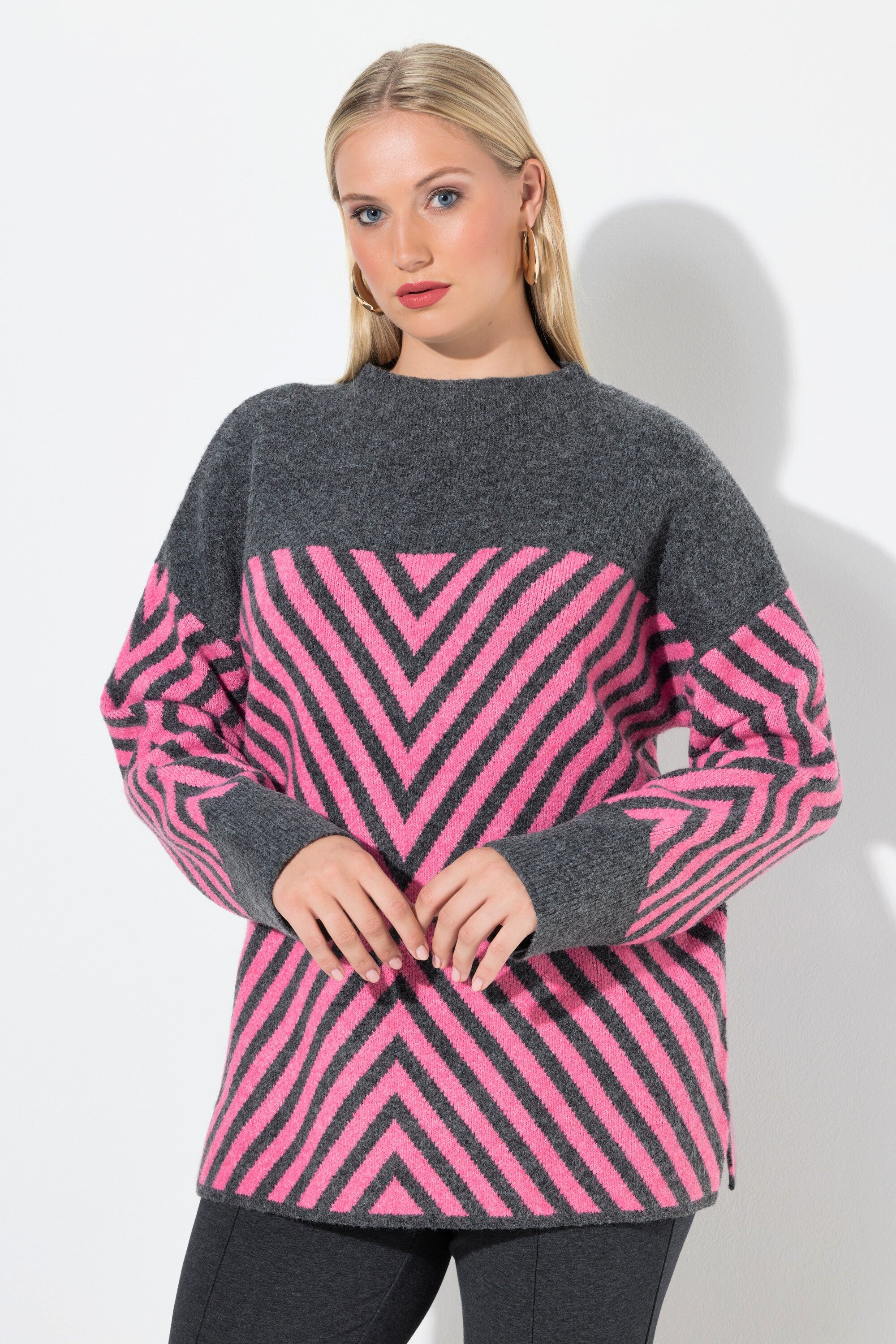 Ulla Popken Strickpullover Pullover grafisches Muster Stehkragen Langarm günstig online kaufen