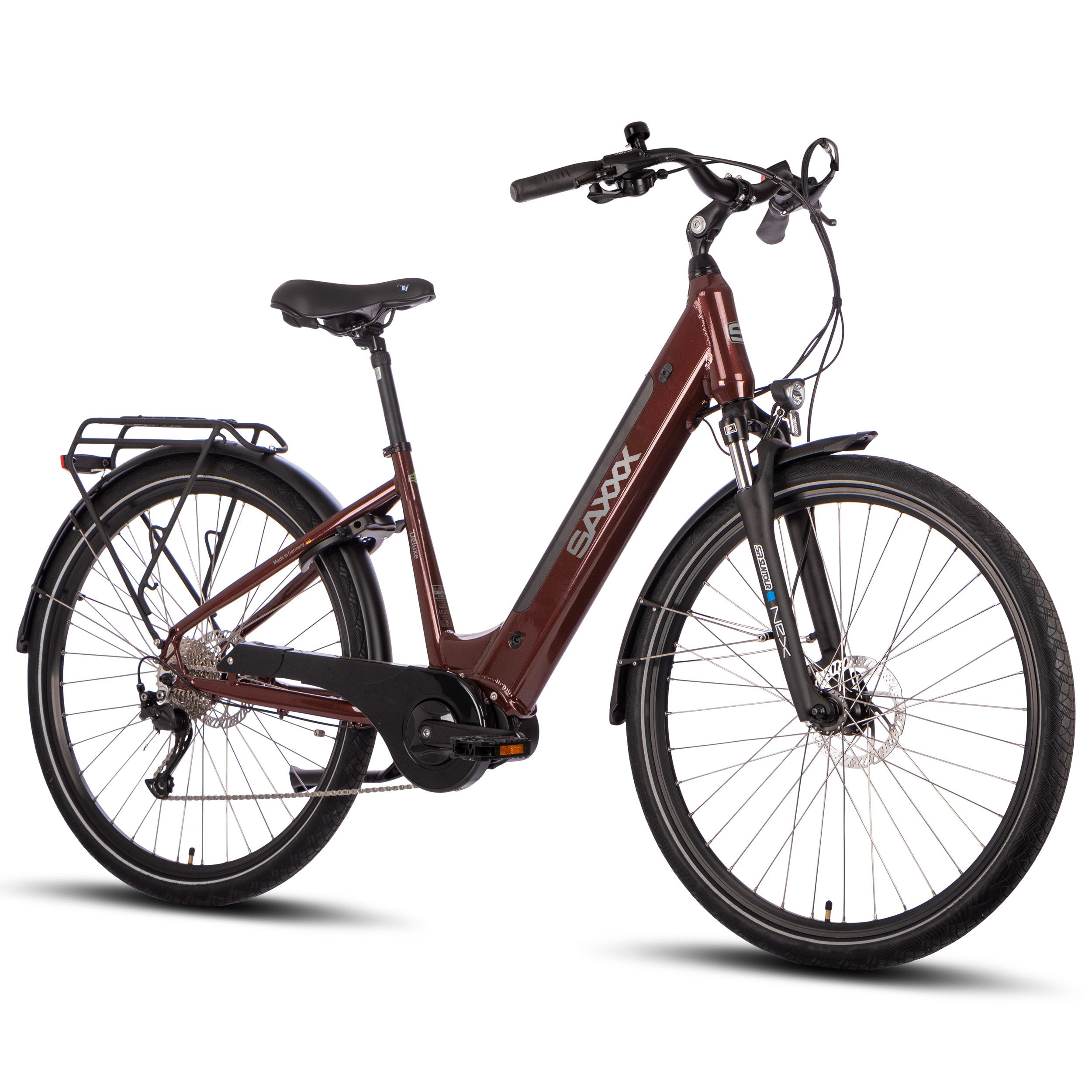 SAXXX E-Bike Trekkingrad Damen Herren 28 Zoll, Cityrad, SAXXX DSW, Mittelmotor, 418Wh, 100km, 9 Gang Shimano Alivio Schaltwerk, Kettenschaltung, Mittelmotor, 418 Wh, (mit Akku-Schlüssel, mit Rahmenschloss), Pedelec, Trekking Fahrrad mit Gepäckträger & hydr. Scheibenbremsen
