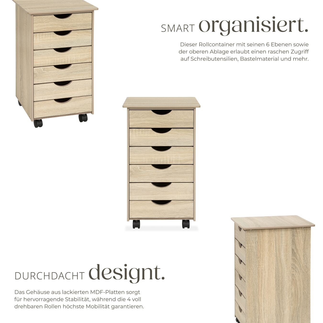 tectake Rollcontainer Schubladenschrank, einfache Montage, Maße 36 x 40 x 65 cm, aus Holz, (Schreibtisch Unterschrank, in Holz hell, Eiche Sonoma), 6 Schubl., 4 leichtgängige, drehbare Doppelrollen, abgerundete Kanten