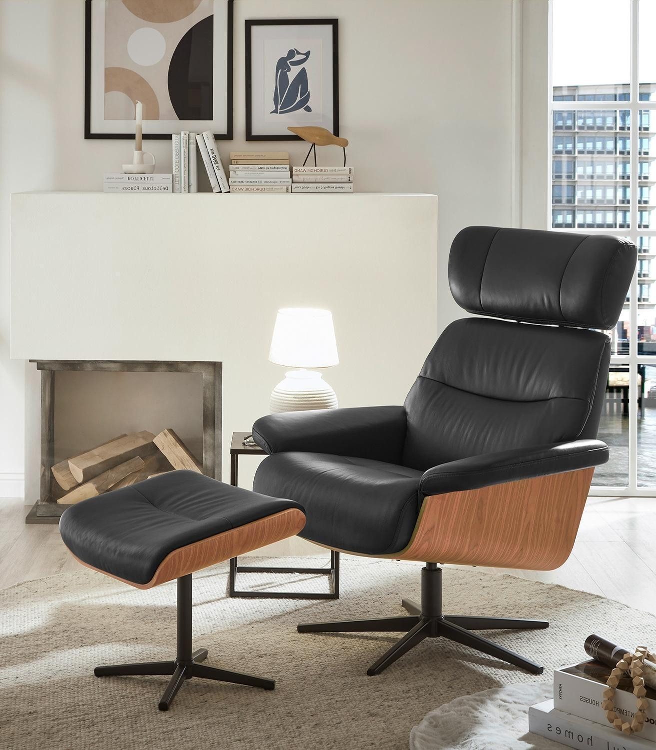 Relaxsessel MANILA, Schwarz, Walnuss Dekor, Lederbezug, Metallgestell, inkl. Hocker, Drehbar, Relaxfunktion