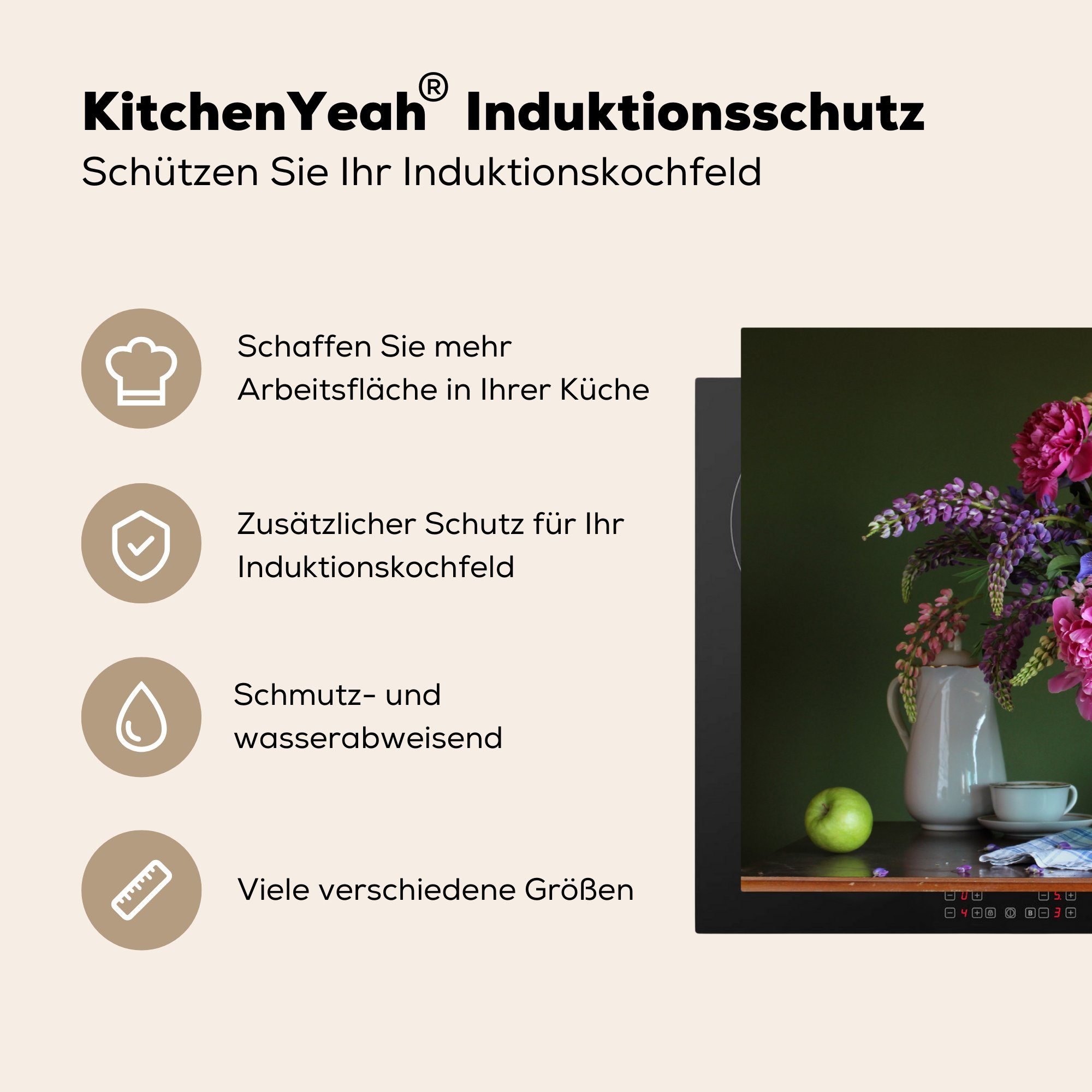 MuchoWow Herdblende-/Abdeckplatte für Induktionskochfeld Stilleben, Schutz - Vinyl, die Ceranfeldabdeckung Blumen (1 tlg), - Tisch küche, cm, 81x52