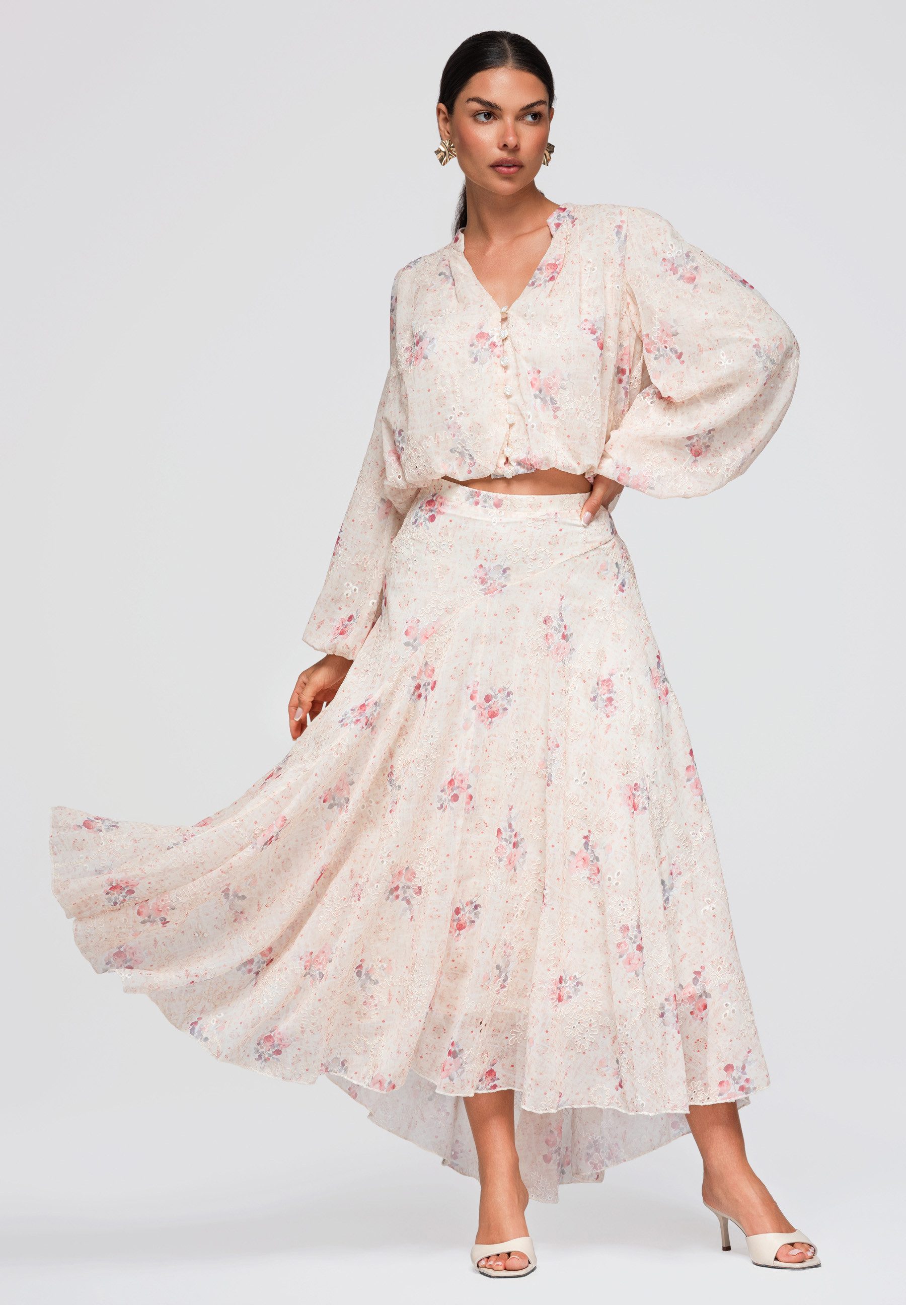 OMBRE Maxirock Damen Maxirock mit floralem Muster elegant Beige M (kein Set, 1-tlg) maxi Länge