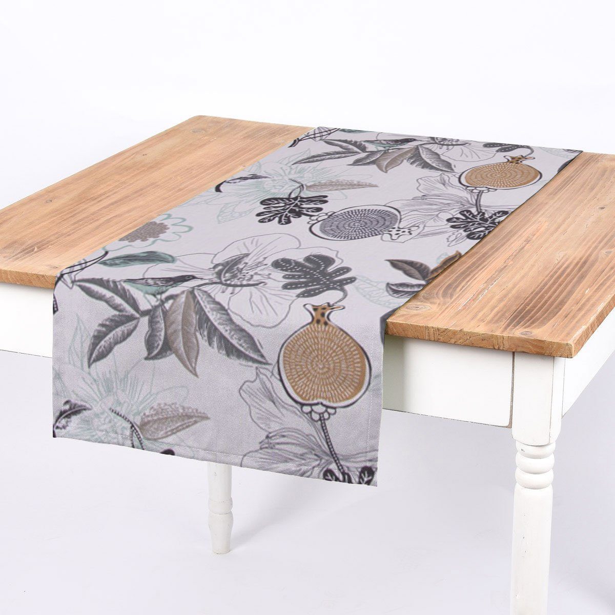 SCHÖNER LEBEN. Tischläufer DIVALI Blumen Vogel weiß grau mint braun, made in Germany,handmade