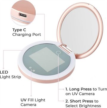 yhroo Kosmetikspiegel Kompaktspiegel mit eingebauter UV-Sonnentestkamera (Doppelter Vergrößerungsspiegel, tragbarer, reisender Kosmetikspiegel, 1-St., Für Sonnenschutz, Make-up-Entfernung und Fleckenerkennung), 3-Farben dimmbarer Schminkspiegel mit LED-Beleuchtung