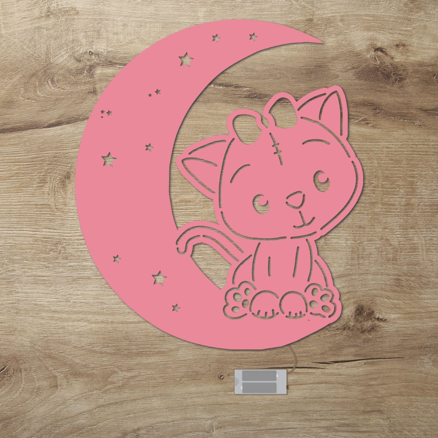 Namofactur LED Dekolicht Wandlampe Mond Katze Holz Wand Deko Lampe Nachtlicht I Kinderzimmer, Ohne Zugschalter/Stern, LED fest integriert, Warmweiß Rosa