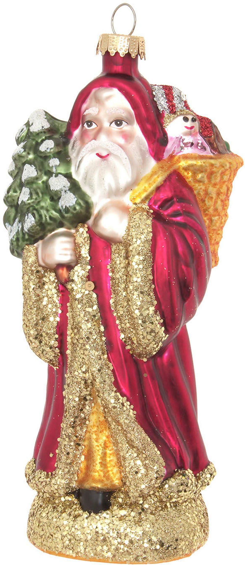 Krebs Glas Lauscha Christbaumschmuck Santa mit Geschenkkorb & Baum (1-tlg), Christbaumschmuck, Glas, mundgeblasen, handgefertigt, Weihnachtsmann