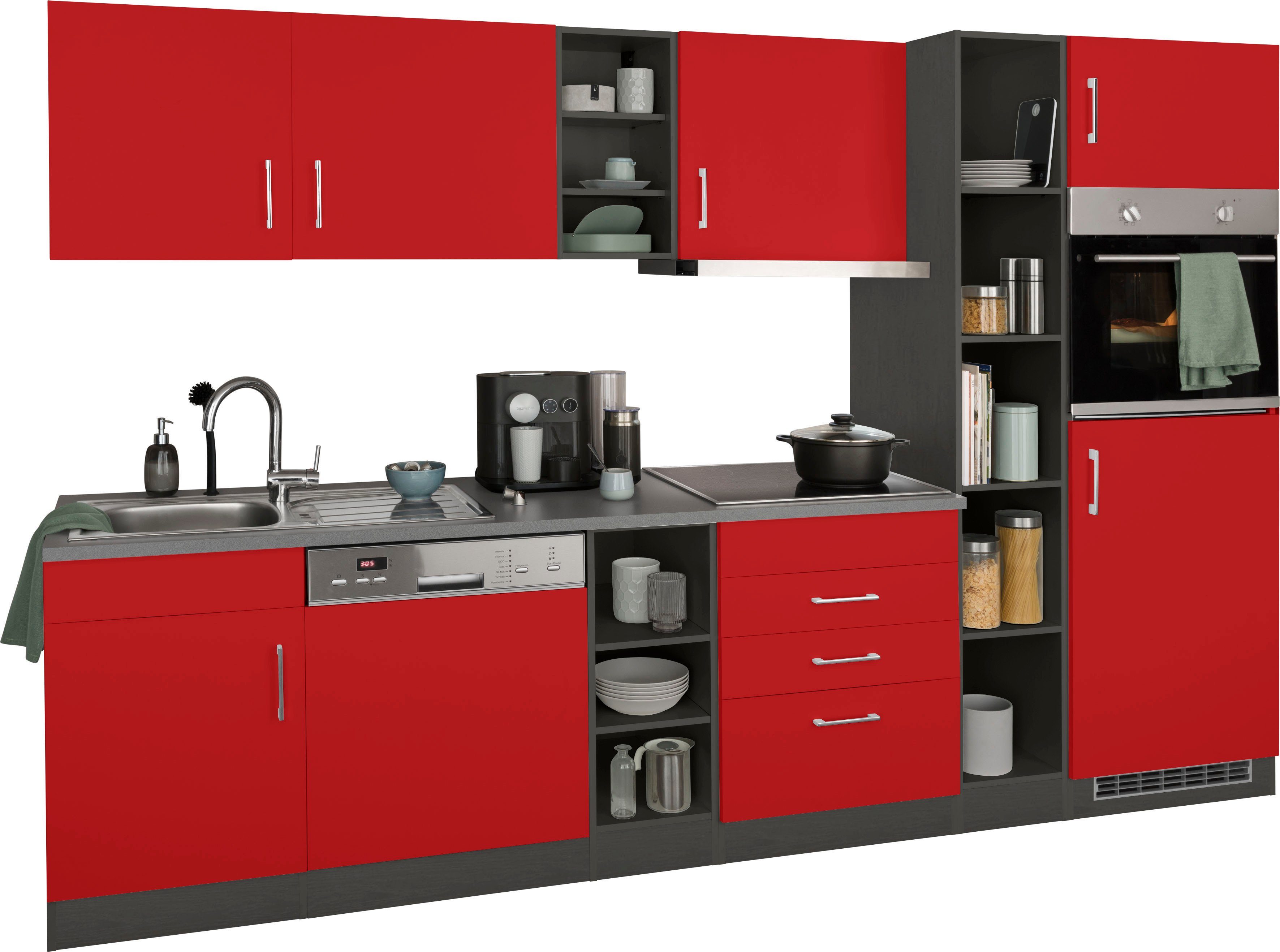 HELD MÖBEL Küchenzeile Paris, mit cm, 290 E-Geräten, wahlweise mit | rot/grafit Breite Induktionskochfeld grafit