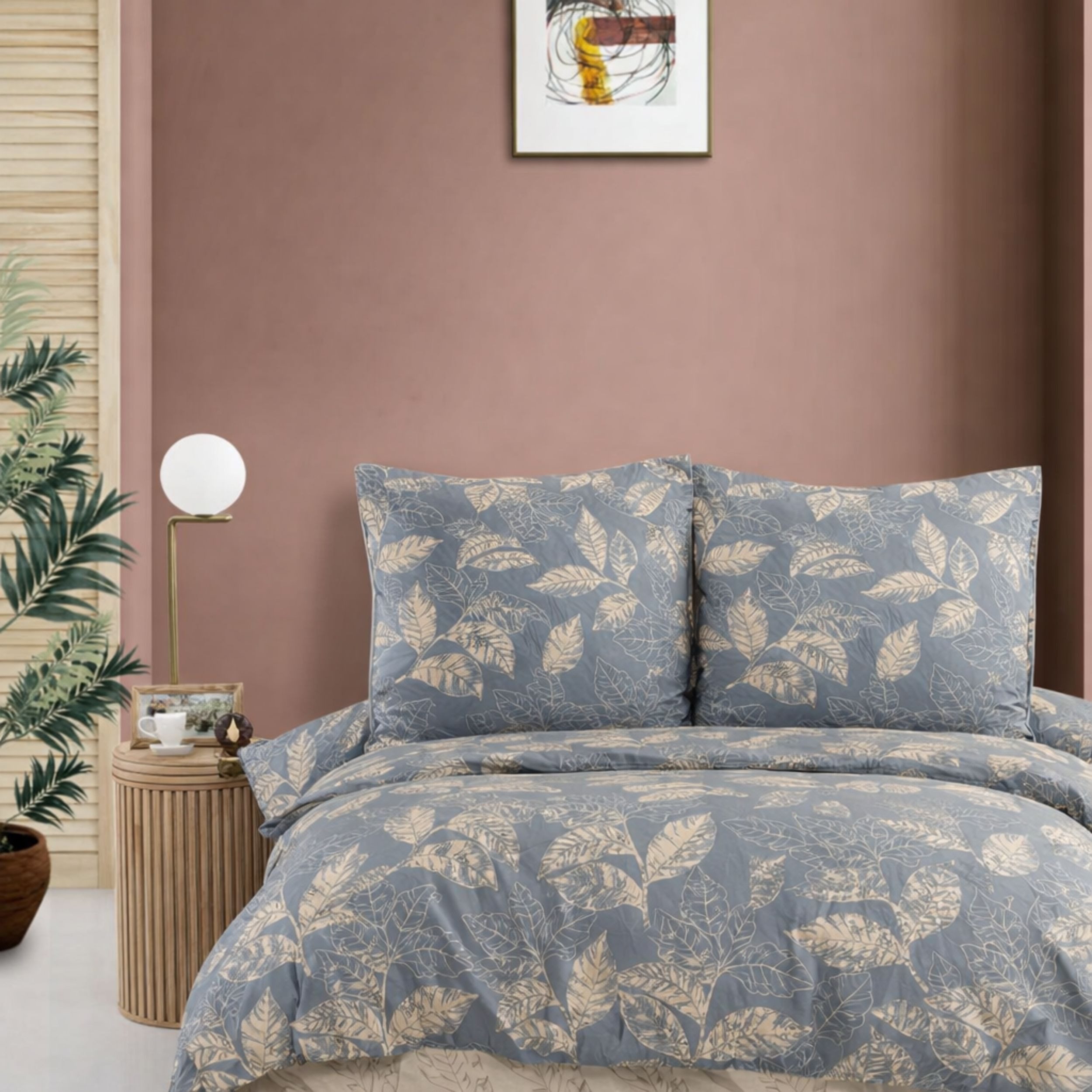 ZIRVEHOME Bettwäsche Baumwolle Bettbezug Graublau Beige Elegantes Blattmuster, Arina V1, Renforce, 2 teilig, 135x200 Baumwolle Natur-Design Graublau, Beige Blattmuster