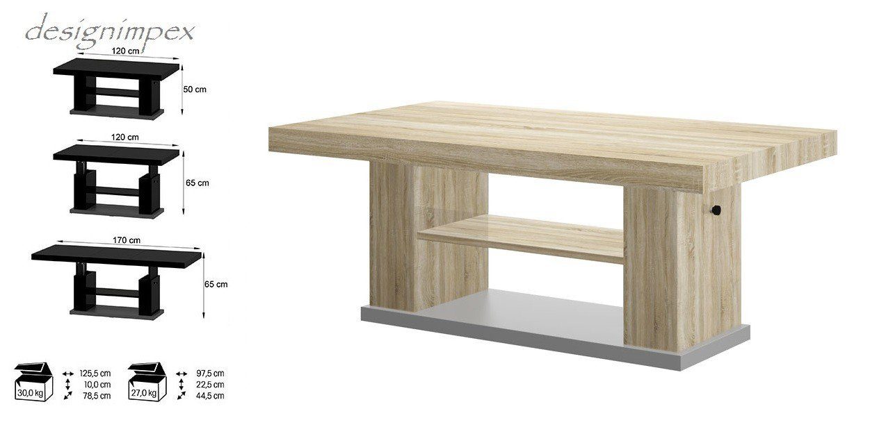 Sonoma höhenverstellbar Couchtisch HN-777 - Eiche Tisch ausziehbar Grau designimpex Design