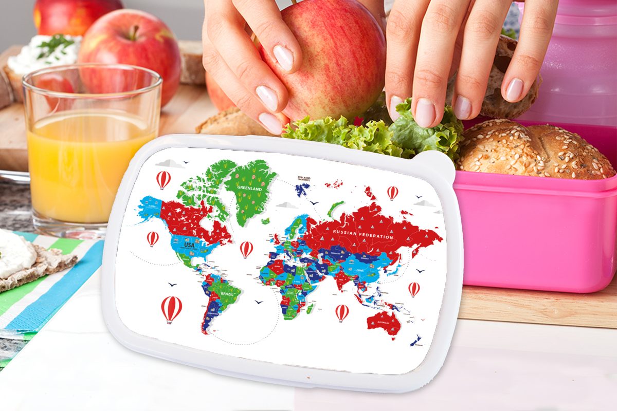 - Weltkarte für Brotbox Lunchbox rosa Kunststoff, Farben (2-tlg), Brotdose Mädchen, Kunststoff Erwachsene, Luftballon, MuchoWow Kinder, Snackbox, -