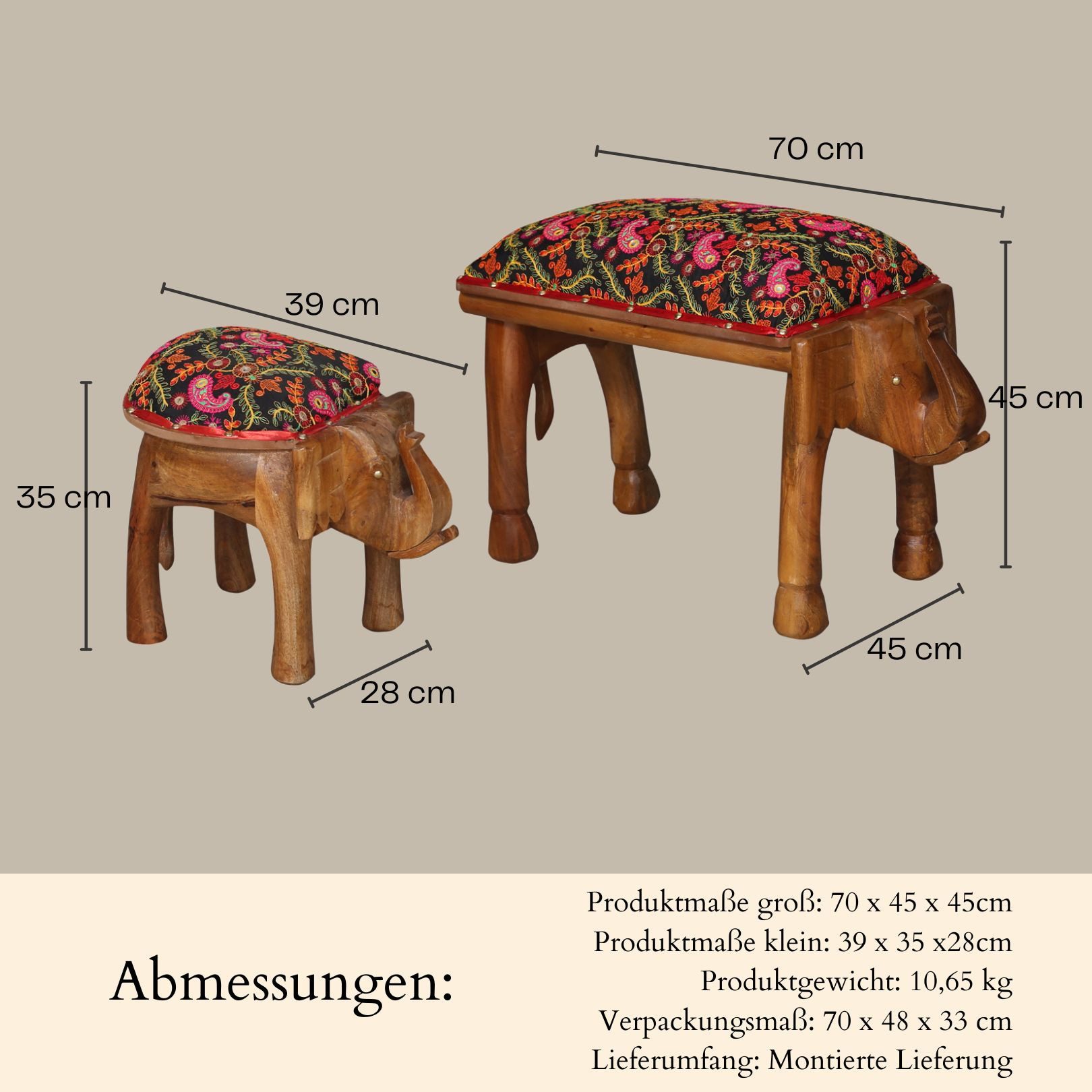 Marrakesch Orient & Mediterran Interior Pouf Boho Elefanten-Hocker Adisbo aus Mangoholz und Baumwolle in Bunt 70 cm (2-St), Handarbeit