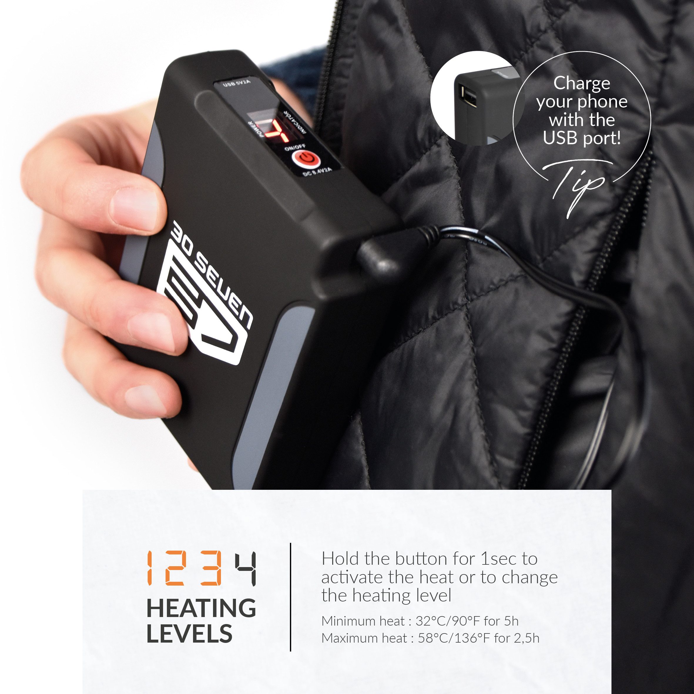 30seven Steppweste beheizte Weste - Regular Fit Herren - Khaki 7,4V Set inkl. Powerbank & Ladegerät