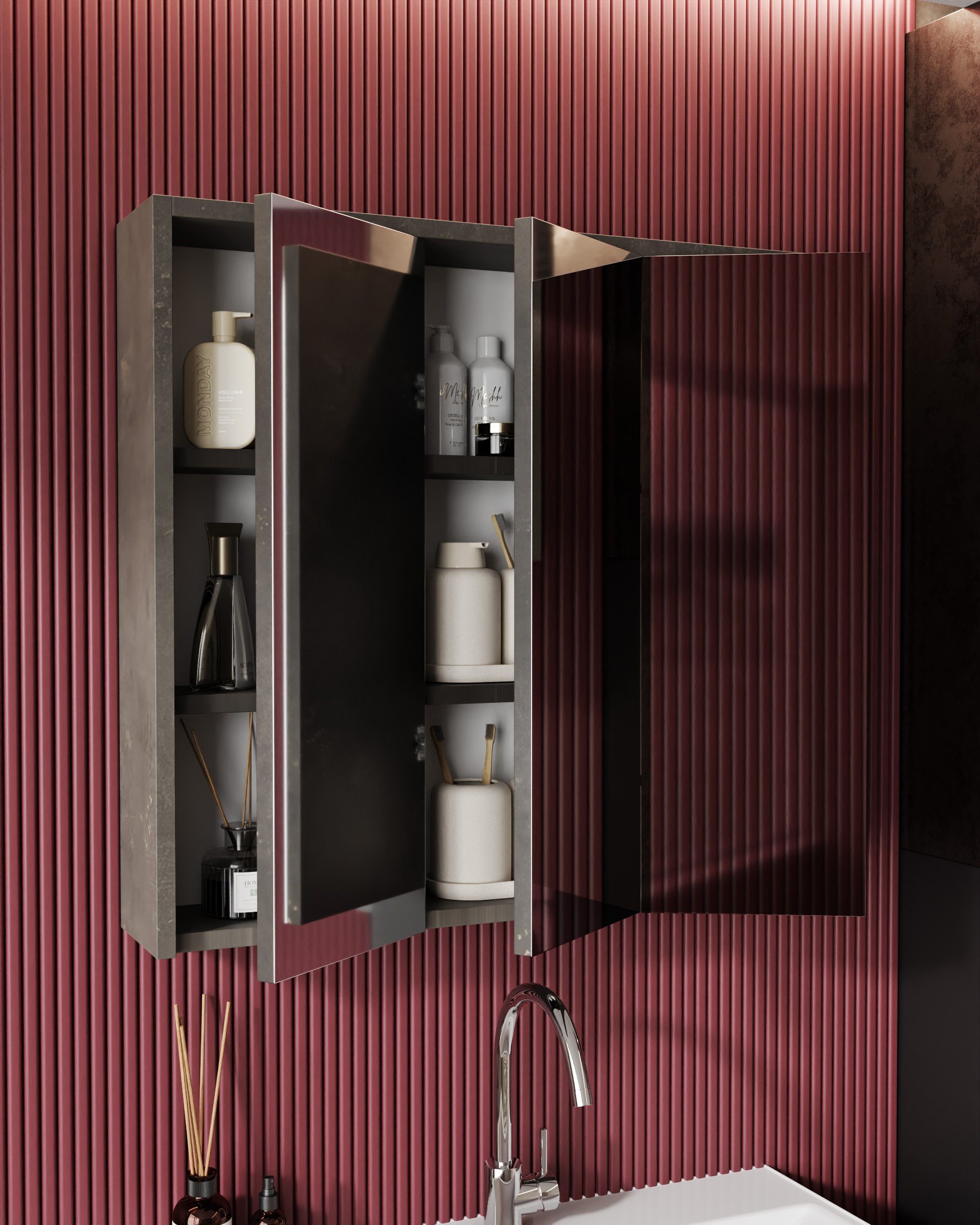 Karen Badmöbel-Set Badmöbel Set Beta, (Komplett-Set, 3-Teilig (Unterschrank, Spiegelschrank, Waschbecken), 3-St., Unterschrank mit Schubladen, Spiegelschrank mit Türen & Regalen), Retro Design, Softclose Schubladen, Griffleisten
