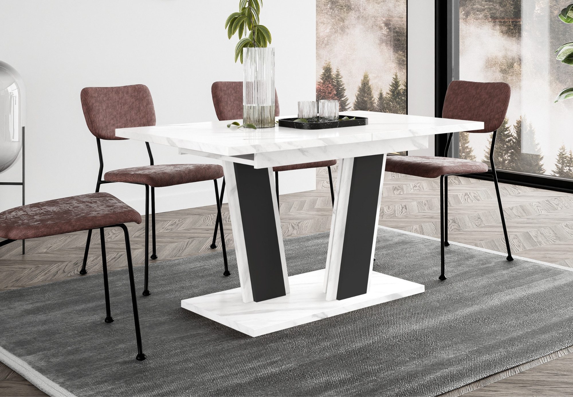 Home Collective Esstisch ausziehbar Tisch Küchentisch Esszimmertisch Ausziehtisch 120 / 140 cm (wählbar in 120-160 oder 140-180 x 80 cm Esszimmer Küche Wohnzimmer Esstisch erweiterbar), modernes Design mit Doppel-Säulengestell Weißer Marmor-Optik