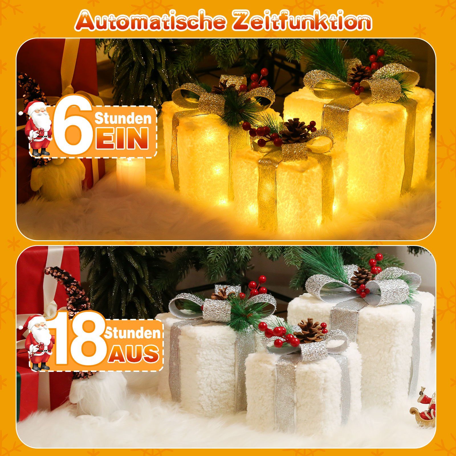 Elegear Weihnachtsfigur 3er Set LED Geschenkbox Weihnachten, Weihnachtsdeko mit Stecker, Timer (3 St), 60 warmweiße LEDs, Weihnachtsbeleuchtung für Baum, Fenster & Innen