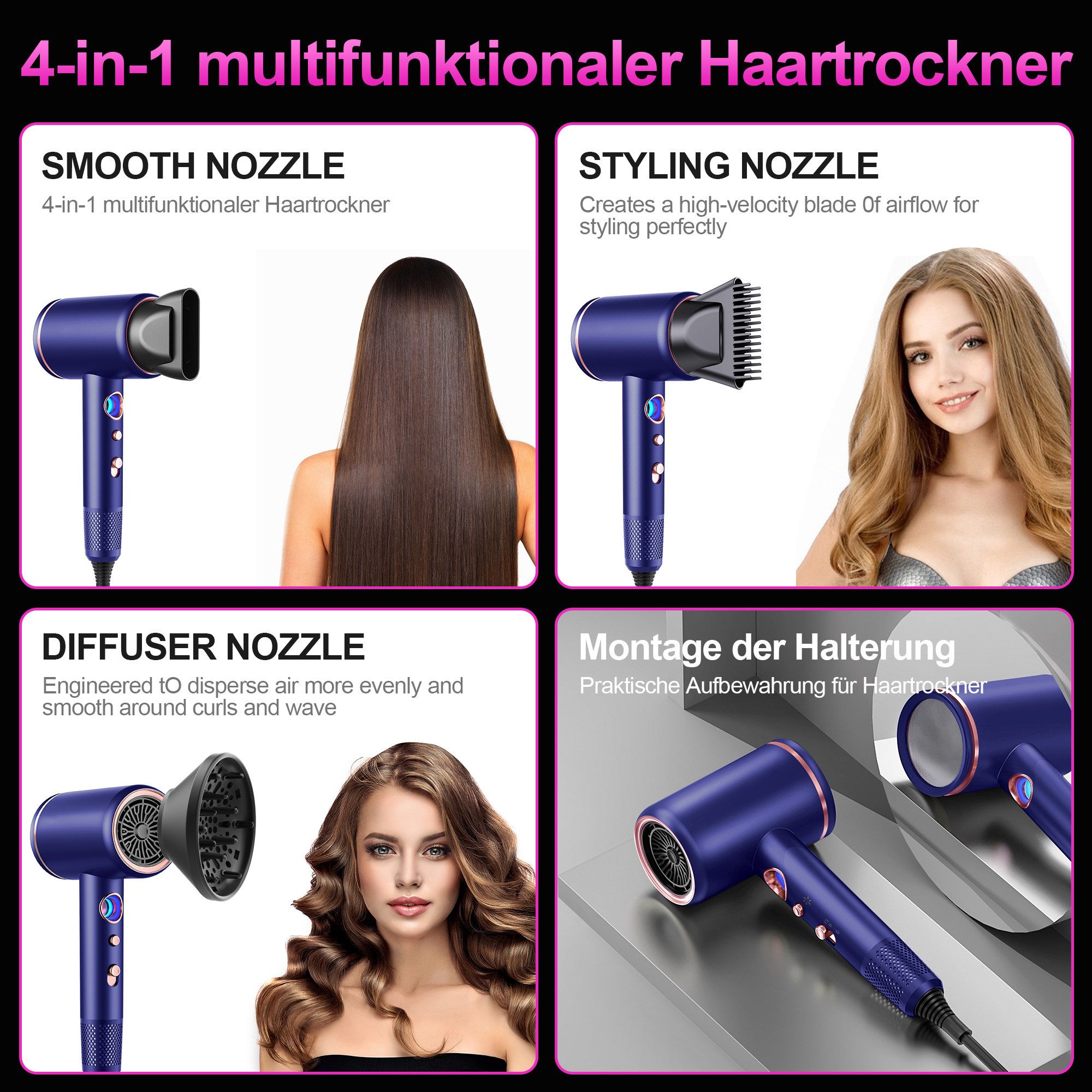 Forrlite Haartrockner 2026 Neues Haartrockner,Föhn Ionen mit Diffusor 2400W AC Motor, 2400 W, 3 Stylingdüsen Professional Ionen Haartrockner Haartrockner, Haart – Bild 4 von 5