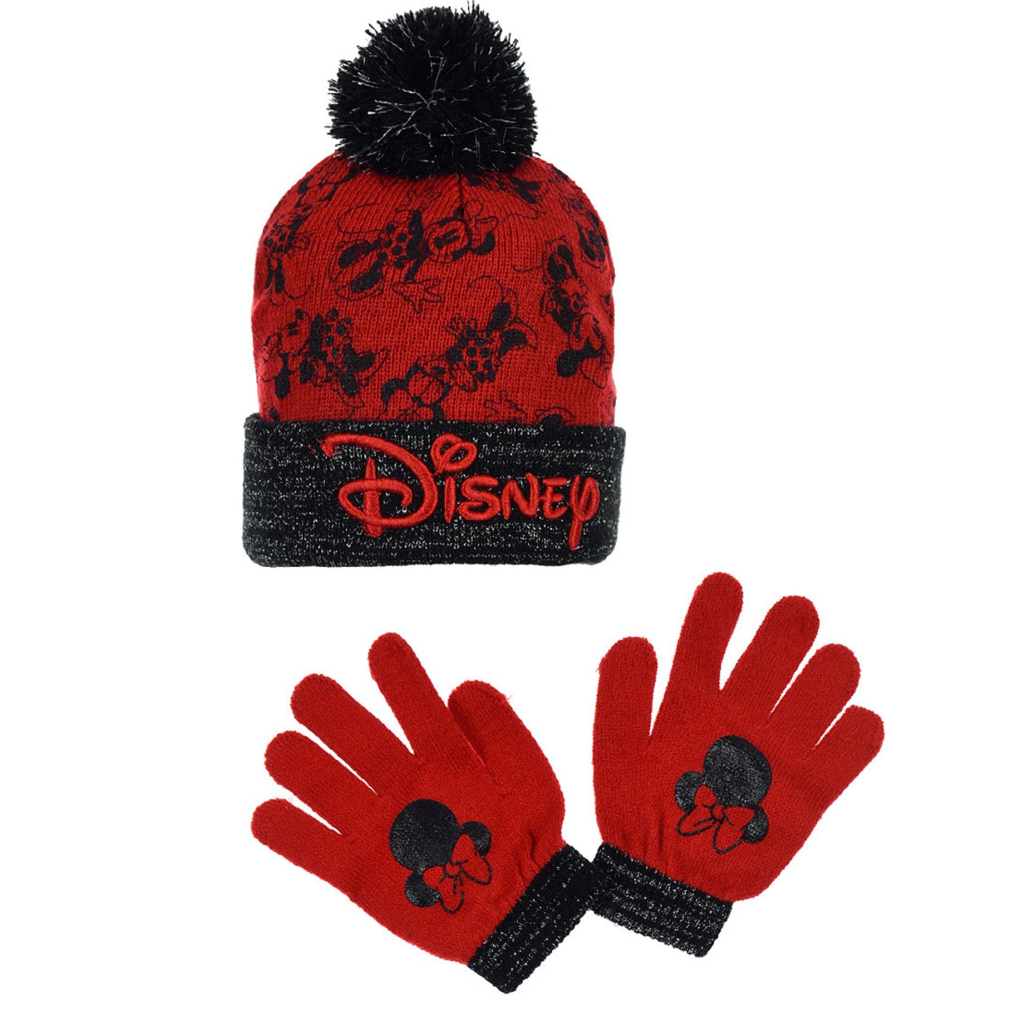 Disney Bommelmütze Disney Minnie Maus 2 tlg Set Kinder Herbst Wintermütze plus Handschuhe (2-St) Bestickt Schwarz