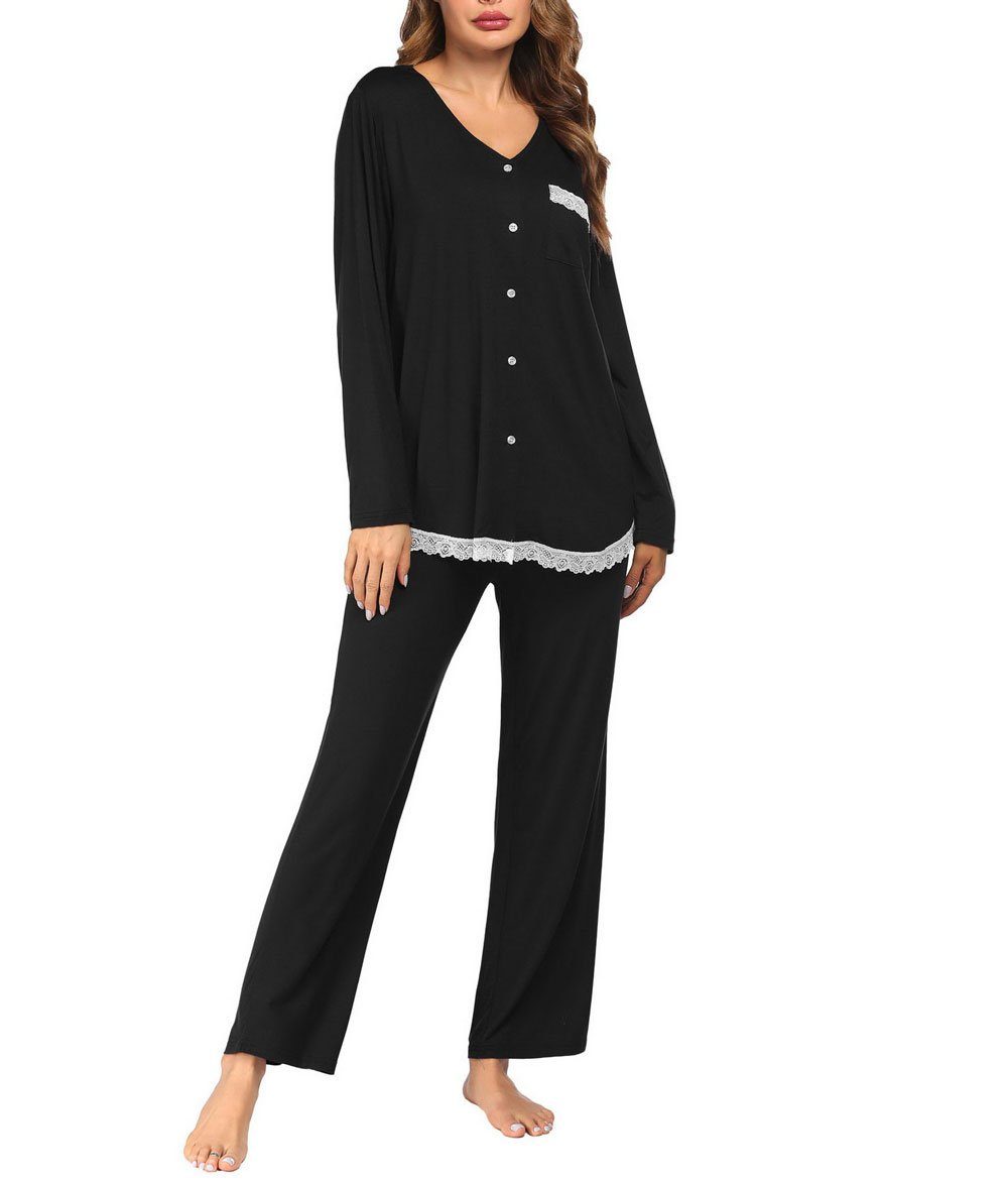 Sarfly Pyjama Damen-Pyjama-Set, Schwarz einfarbige Hose, langärmelige Loungewear, Knopfleiste, Nachtwäsche Spitzenbesatz Nachtwäsche