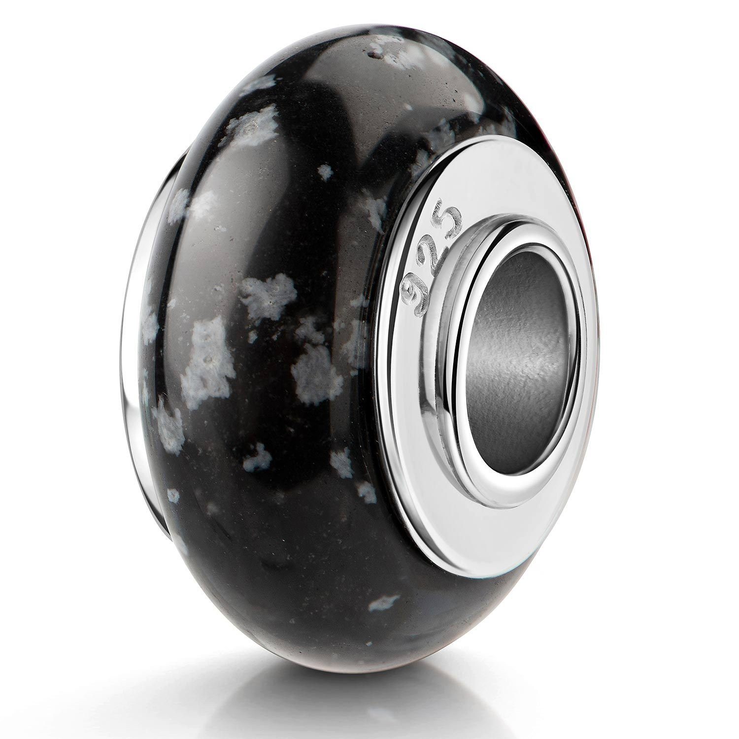 Materia Bead Naturstein Schneeflocken Obsidian Schwarz 334, Kern aus 925 Sterling Silber