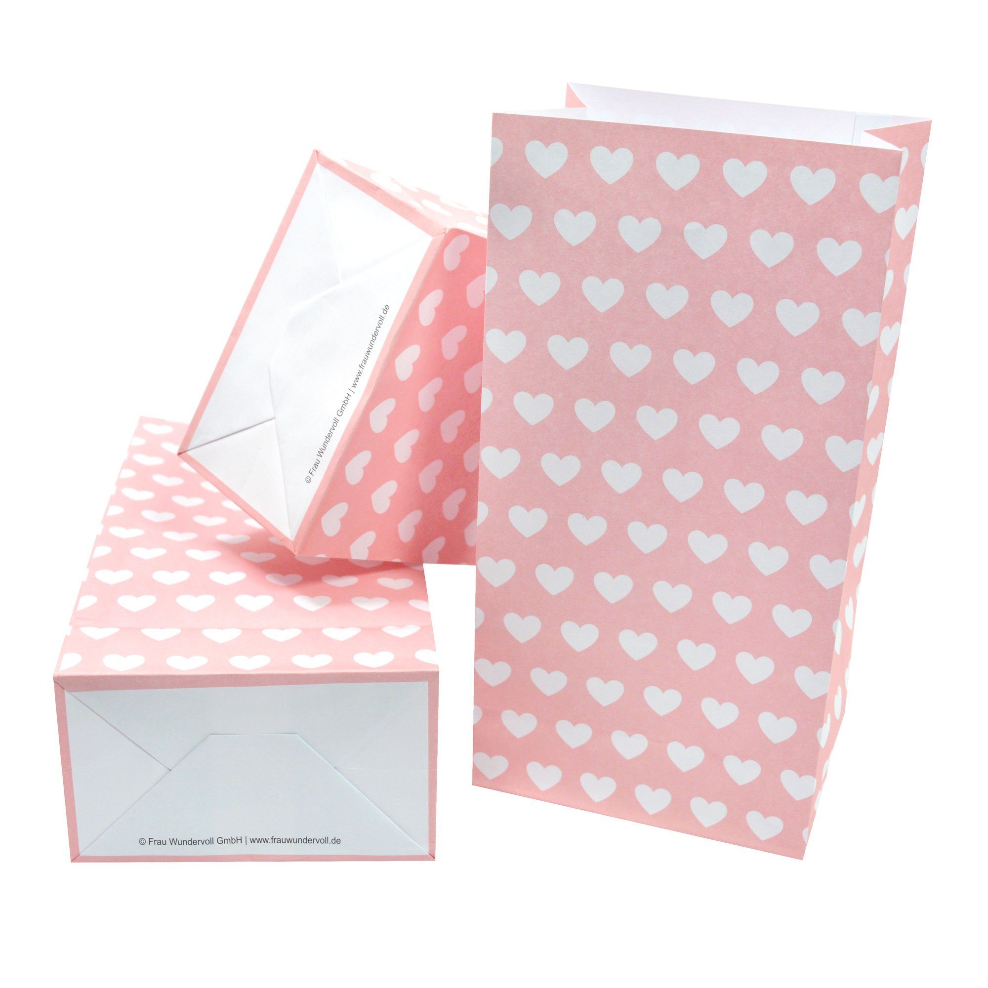 Frau WUNDERVoll Papierdekoration Papiertüten mit Boden, rosa, weiße Herzen, 100g