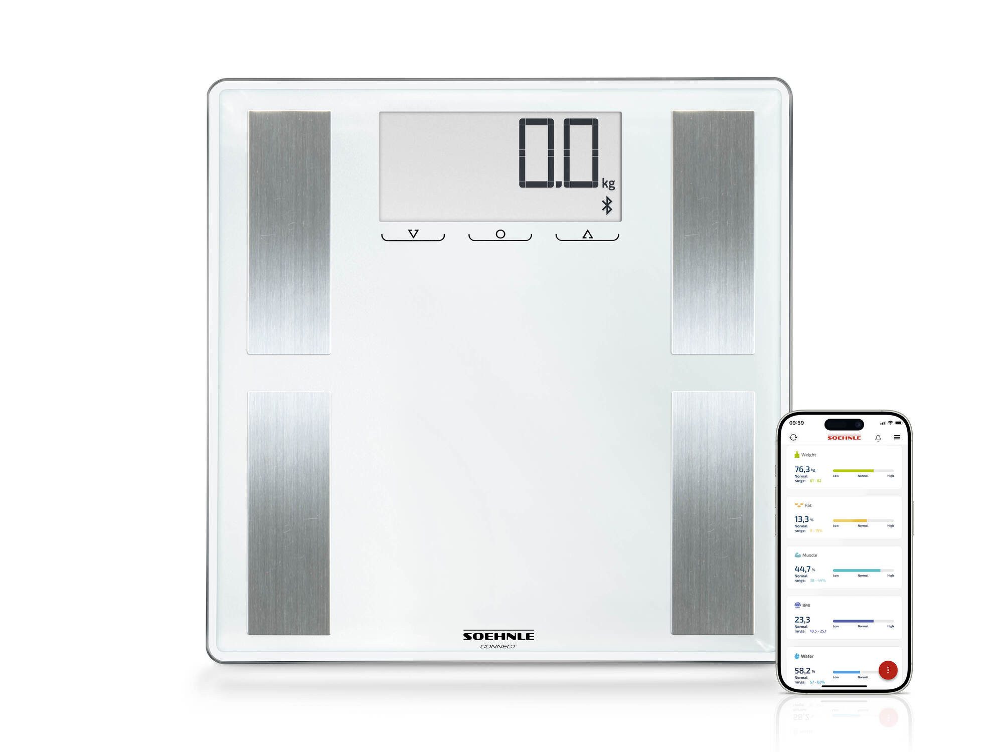 Soehnle Personenwaage Shape Sense Connect 100 mit Bluetooth®, 1-tlg., Körperanalyse(BIA), Kalorienbedarf, BMI Berechnung, bis 180kg
