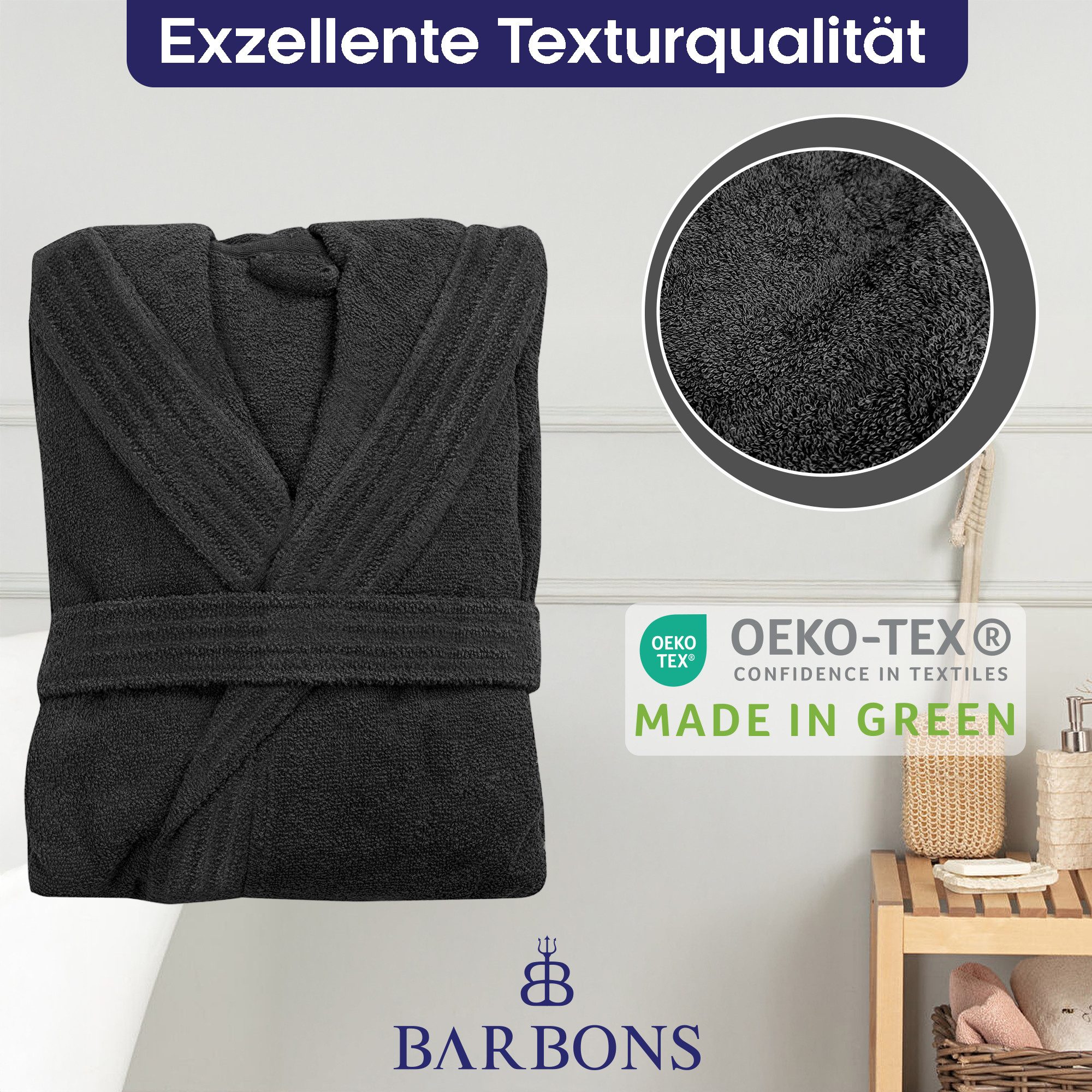 BARBONS Herrenbademantel Barbons Bademantel Herren, Morgenmantel Baumwolle mit Kapuze, Kapuze, Bindegürtel, Taschen, Gürtel, Langform, Walkfrottee, Kapuze, Gürtel, 2 Taschen, S-3XL