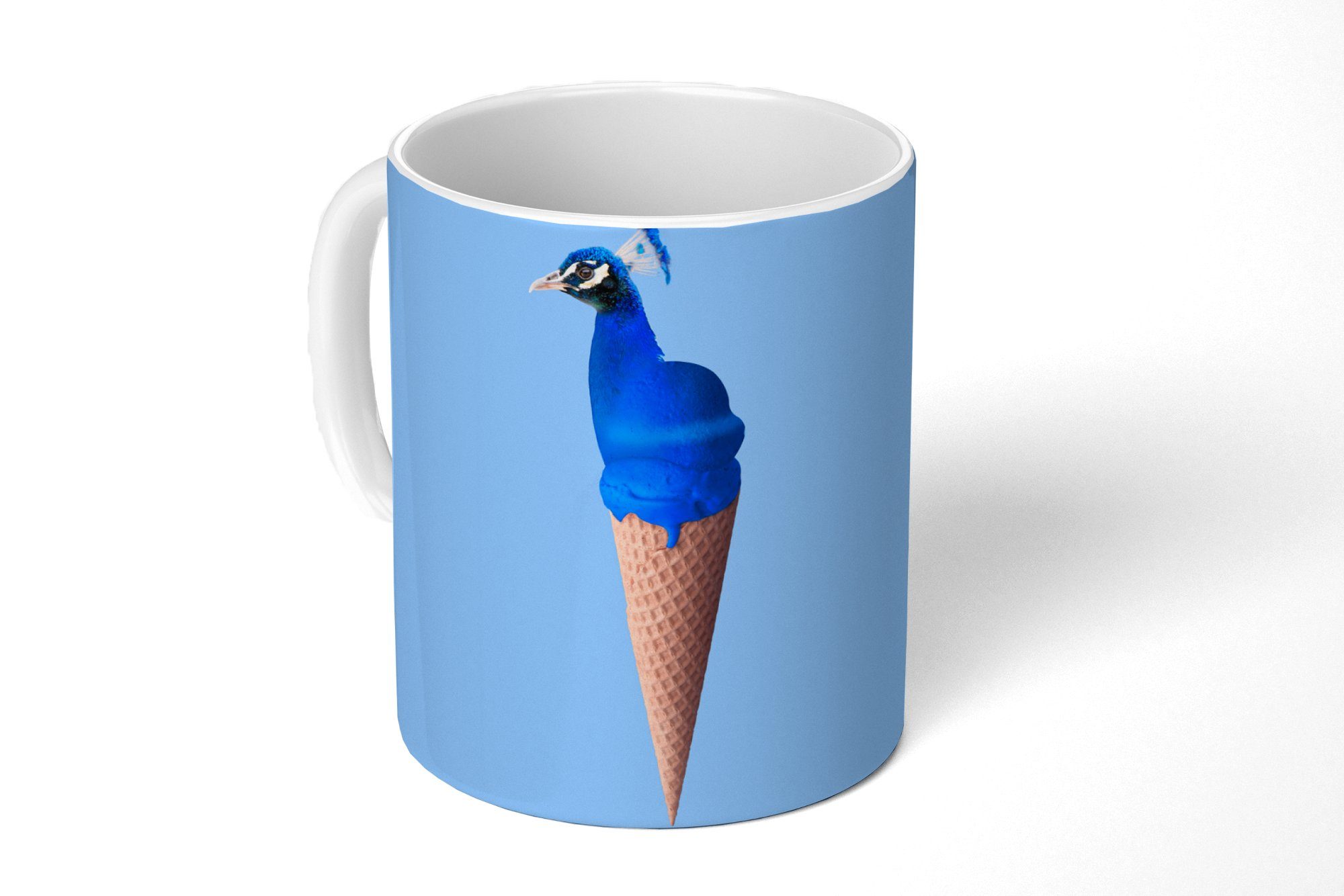 MuchoWow Tasse Pfau - Eistüte Geschenk - Keramik, Becher, Vogel, Teetasse, - Kaffeetassen, Teetasse, Eiscreme Blau 