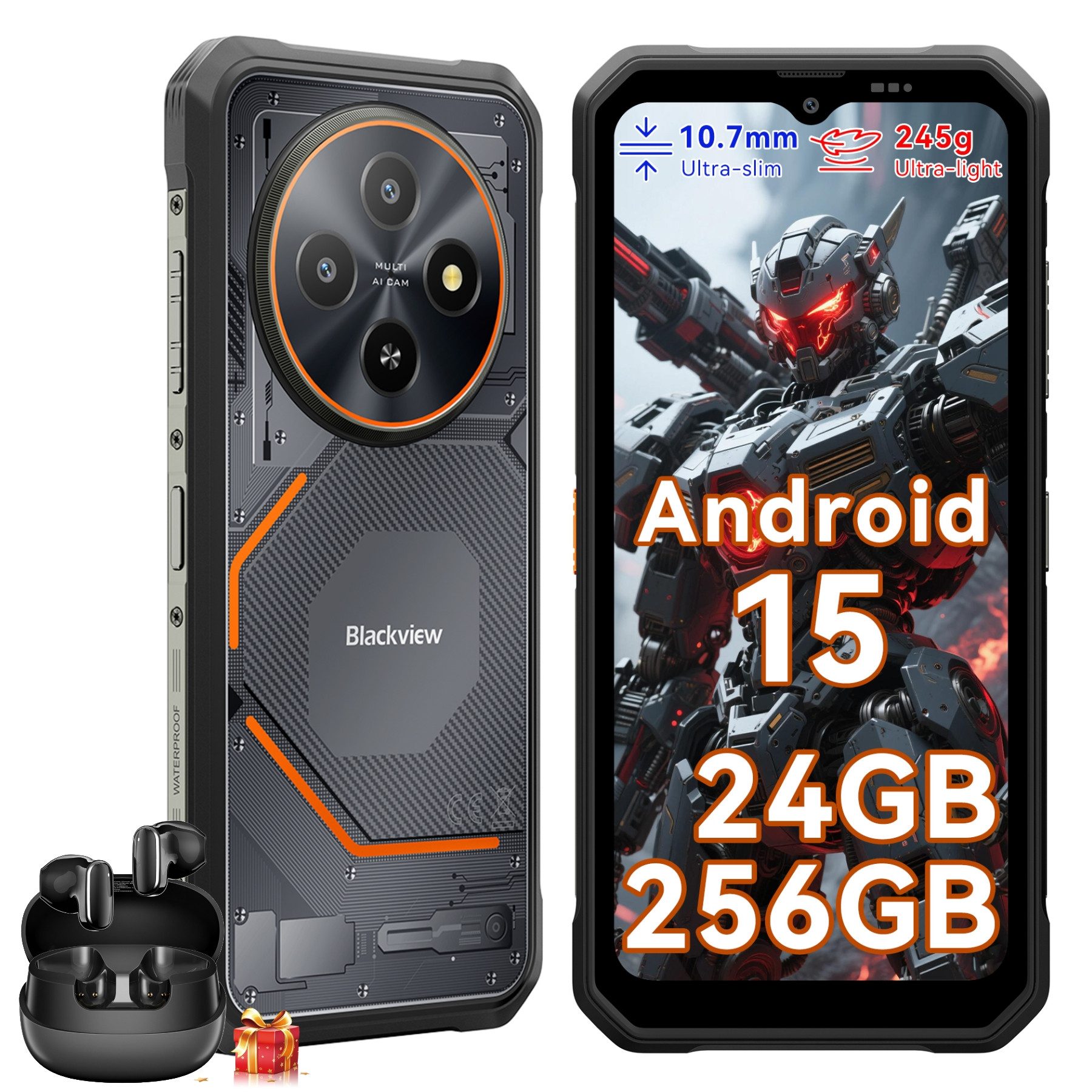 blackview FORT 2 Ultradünnes Android 15 incl. Airbuds 20 Outdoor Smartphone (6.56 Zoll, 256 GB Speicherplatz, DokeOS 5.0, Android 15, 24GB, 16MP, 5W OTG)